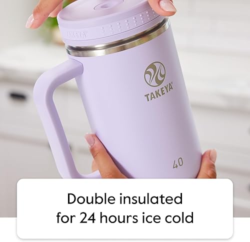 Miniatura 3 de Takeya Vaso de acero inoxidable de 40 onzas con tapa y dos popotes, calidad premium, aislamiento de doble pared, con asa Wiith, mantiene las bebidas