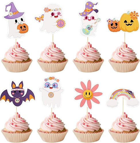 Konsait 24 adornos para cupcakes de fantasmas de Halloween, temática hippie de Little Boo, para fiestas de Halloween, decoración de fiesta de feliz