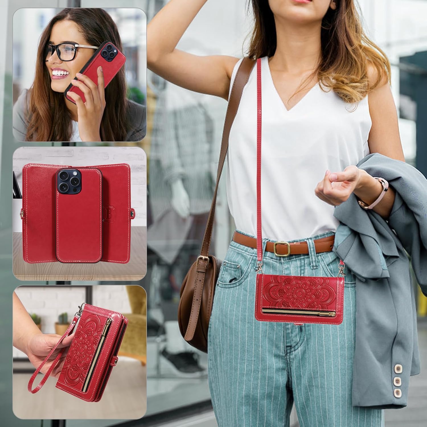 Asuwish Phone Case for iPhone 15 Pro 6.1 inch Zipper Wallet Detachable Cell Cover with Tempered Glass Screen Protector Wrist Strap Mandala Flower Credit Card Holder i Phone15 i15 15Pro Women Men Red