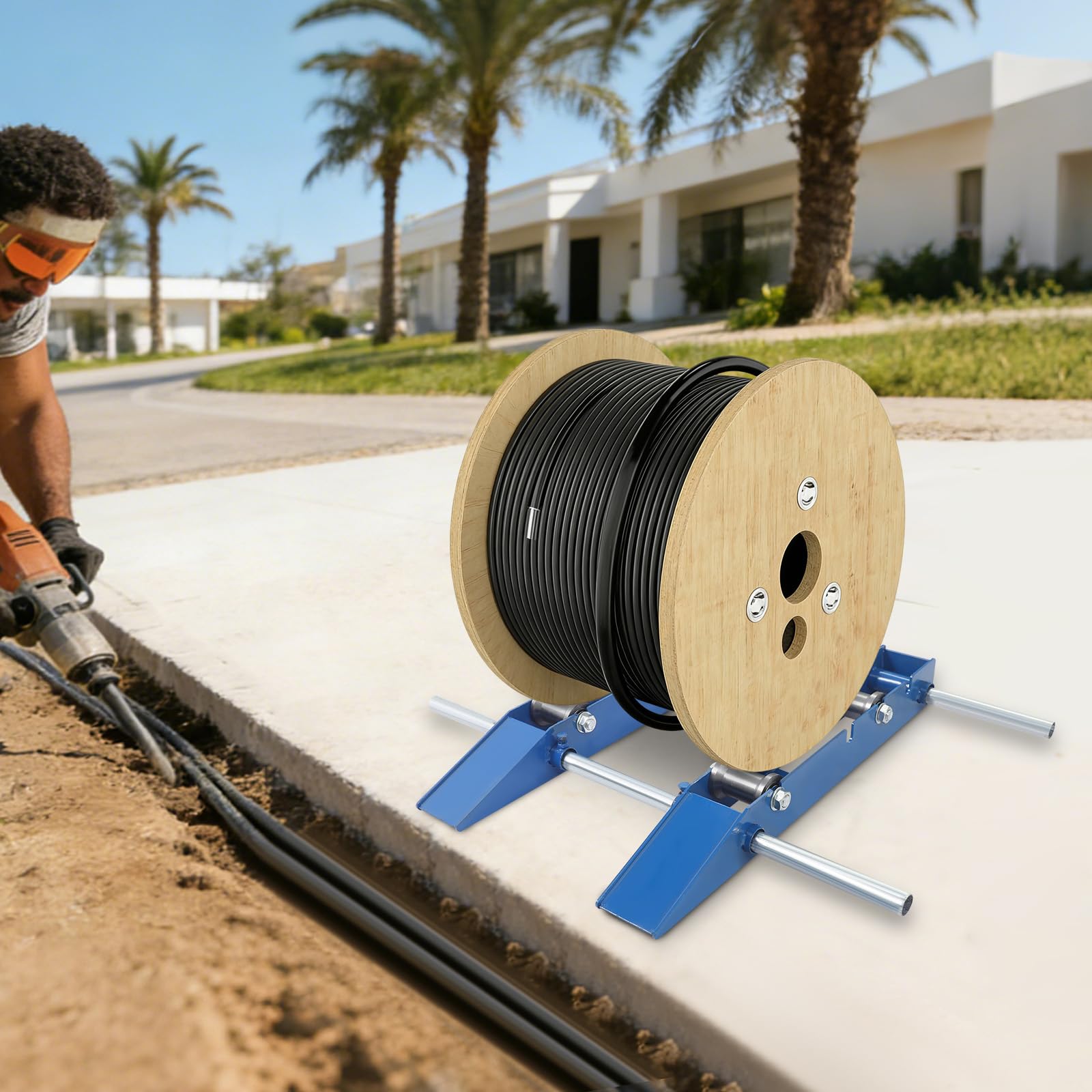 Soporte para carretes de cables con 3 niveles de rodillo trasero ajustable, para carretes de cable de 30 cm a 120 cm, capacidad de carga de 1 t, ayuda para la gestión de cables