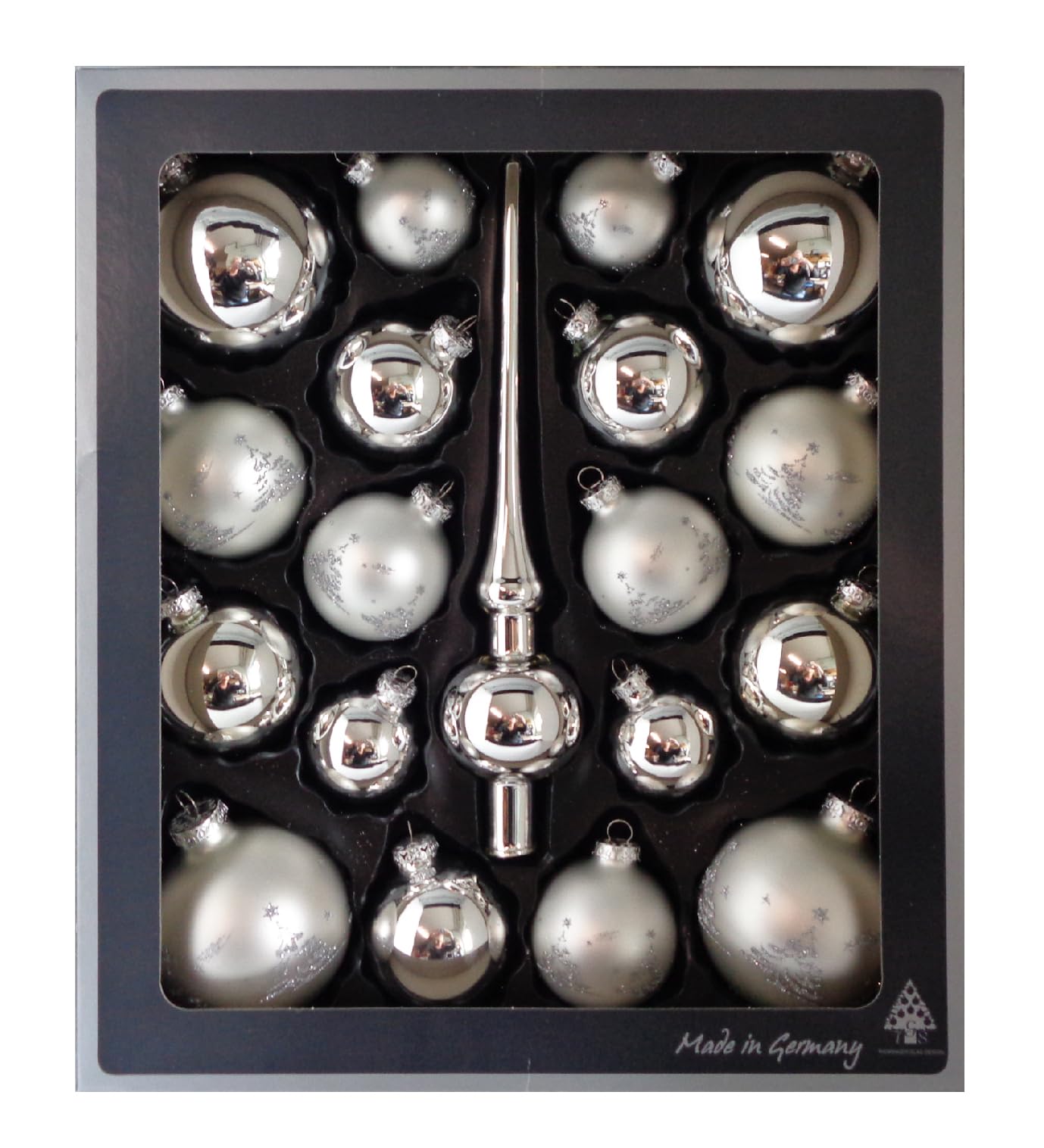 Kugel Set aus Glas inkl. Aufhänger und Spitze, Glanz und matt, Christbaumkugeln, Christbaumschmuck, Dekoration, unbekannt, Silber