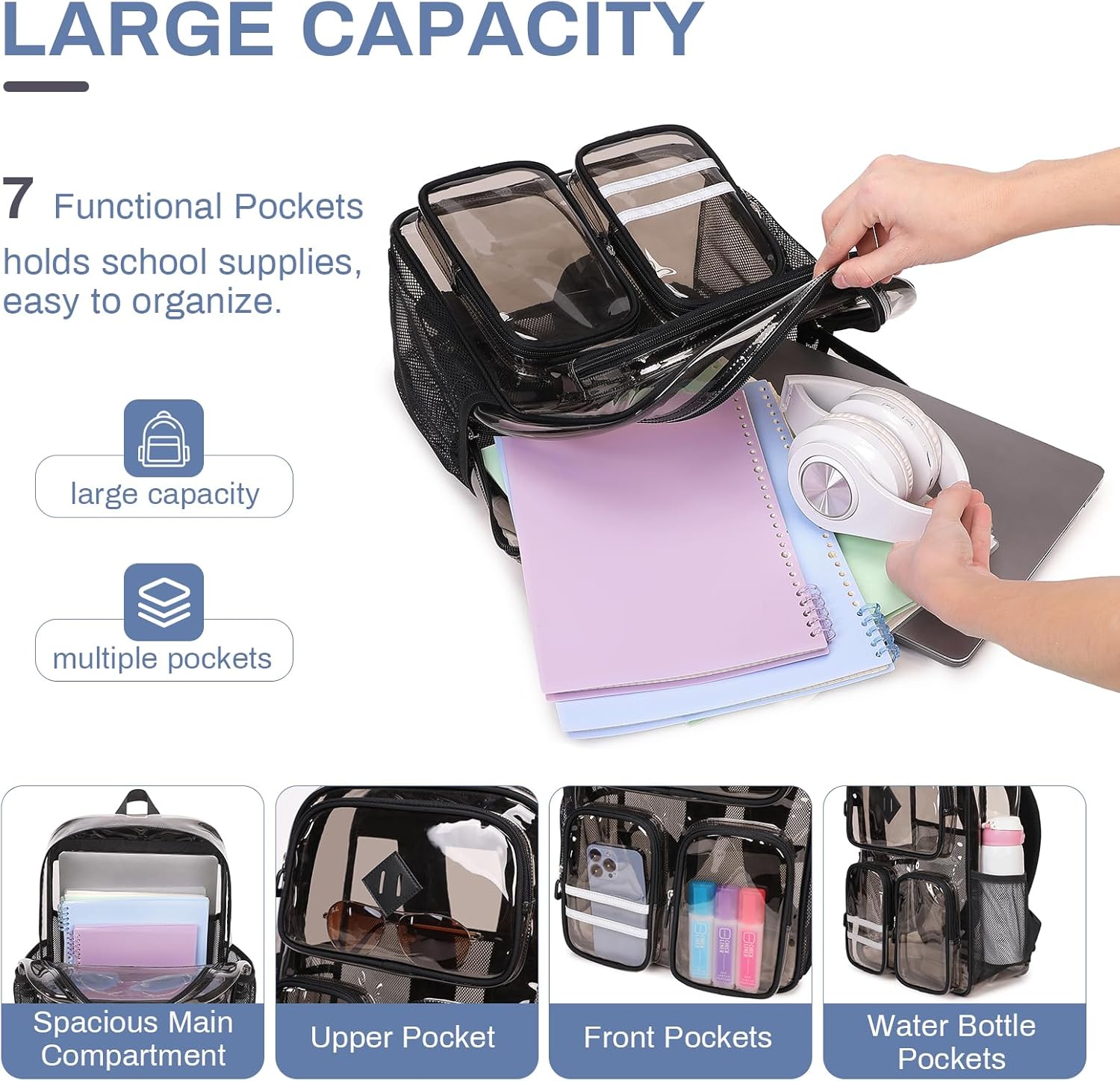 Clear Backpacks for School Heavy Duty Clear Bookbag Stadium Events Transparent Back Pack Girls Boys, Black Semitransparent - Image 4