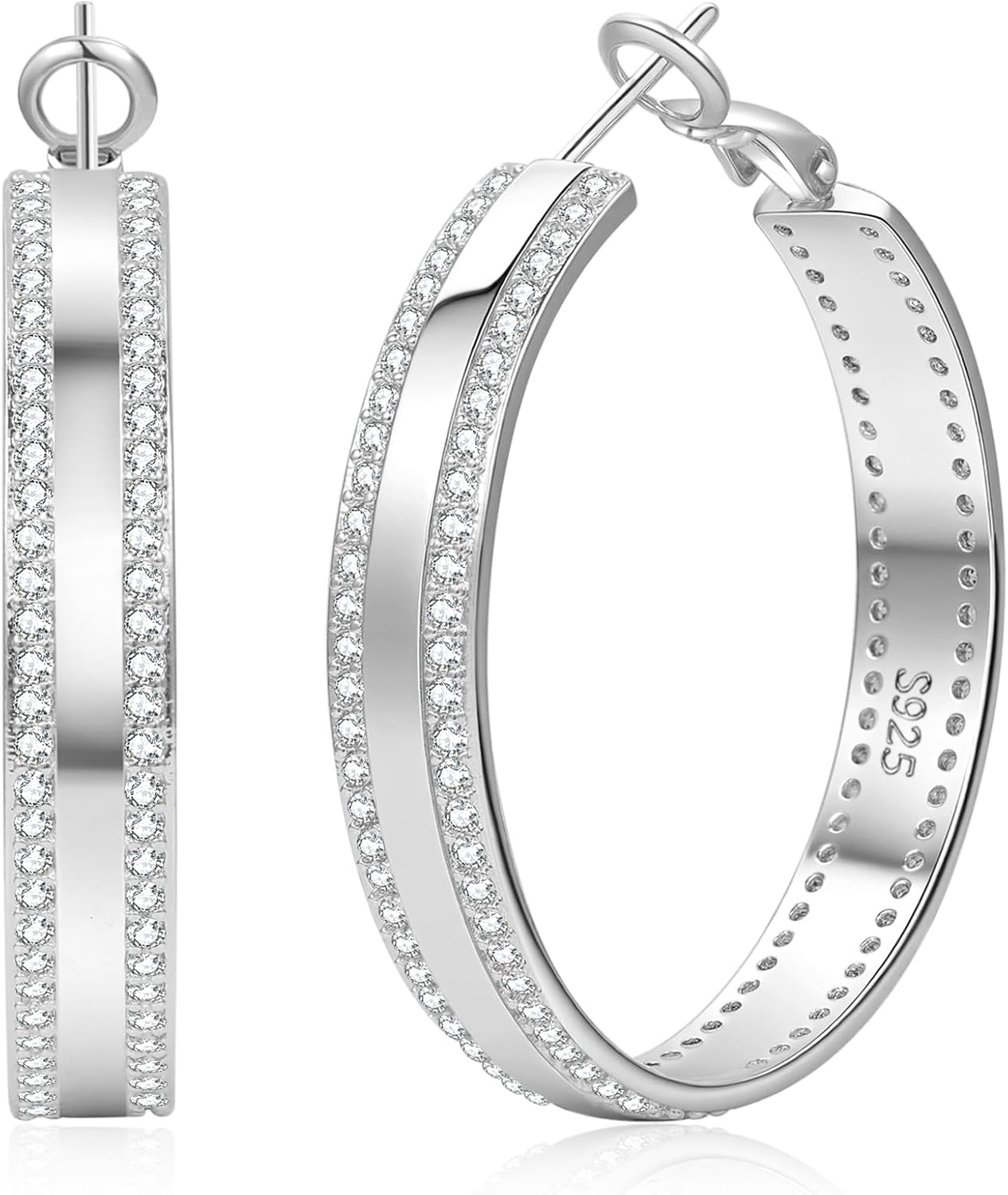 Senteria 6MM Wide Sterling Silver Post Hoop Earrings Hypoallergenic Sparkly Cubic Zirconia 14K Gold Plated Thick Hoop Earrings Lightweight Large Hoop Earrings for Women Gift 30/40/50MM