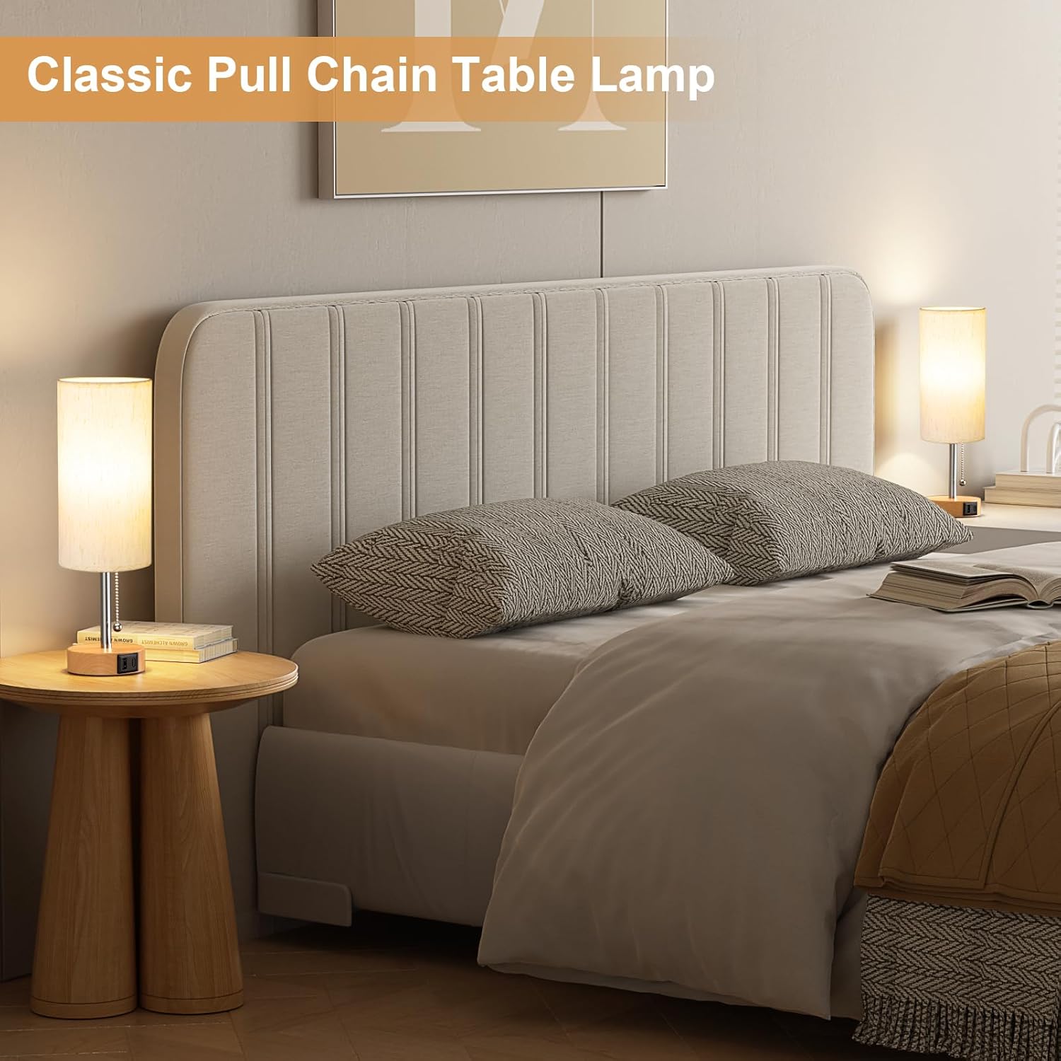 PartageiZ Small Table Lamp for Bedroom Nightstand - Bedside Lamp with USB A + C Charging Port, 3 Color Temperatures Pull Chain Night Stand Light, Wood Base Desk Reading Lamp for Class Room/Nursey