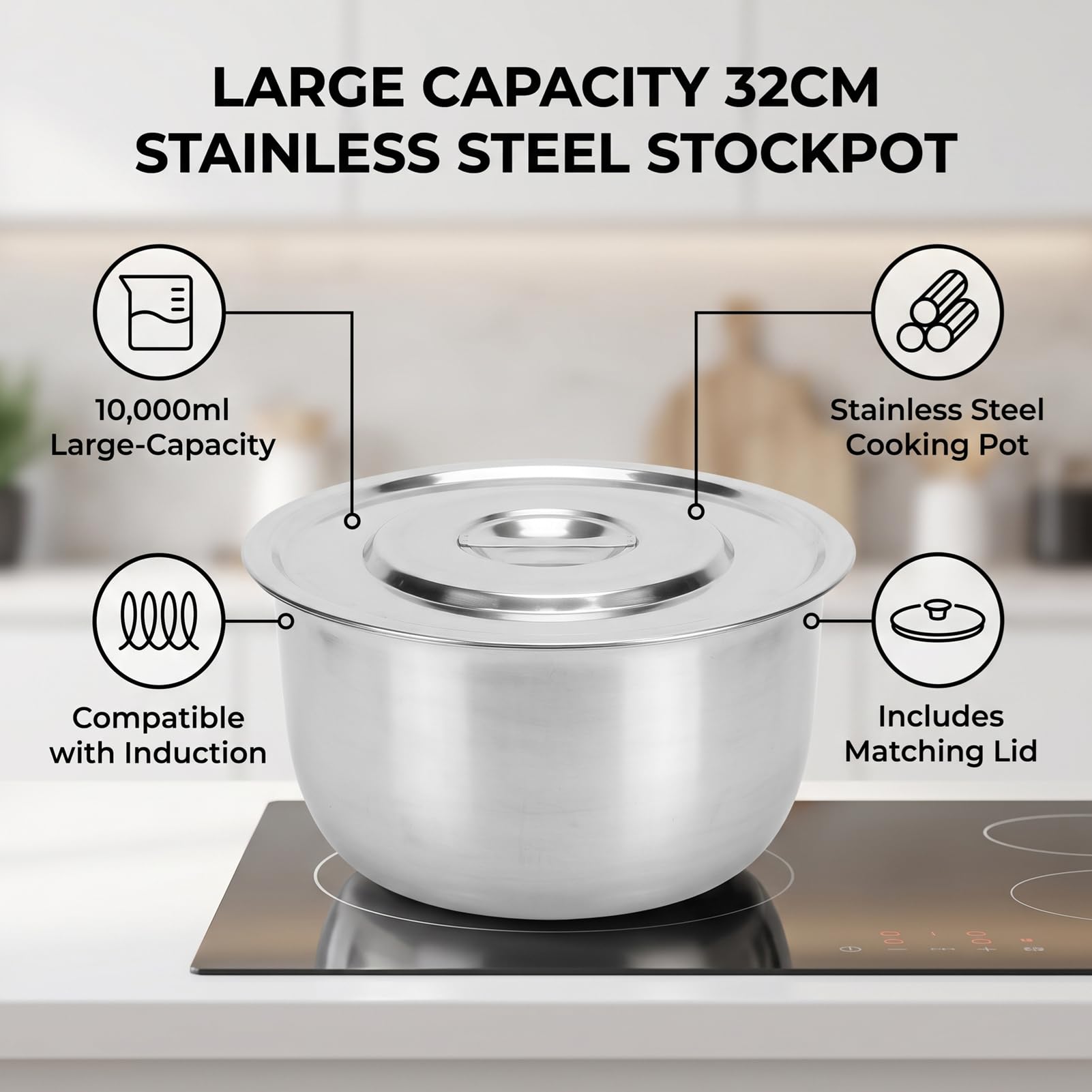 RIZGHWOY Pentola in Acciaio Inox, Casseruola Grande 32 Cm 10000 Ml, for
