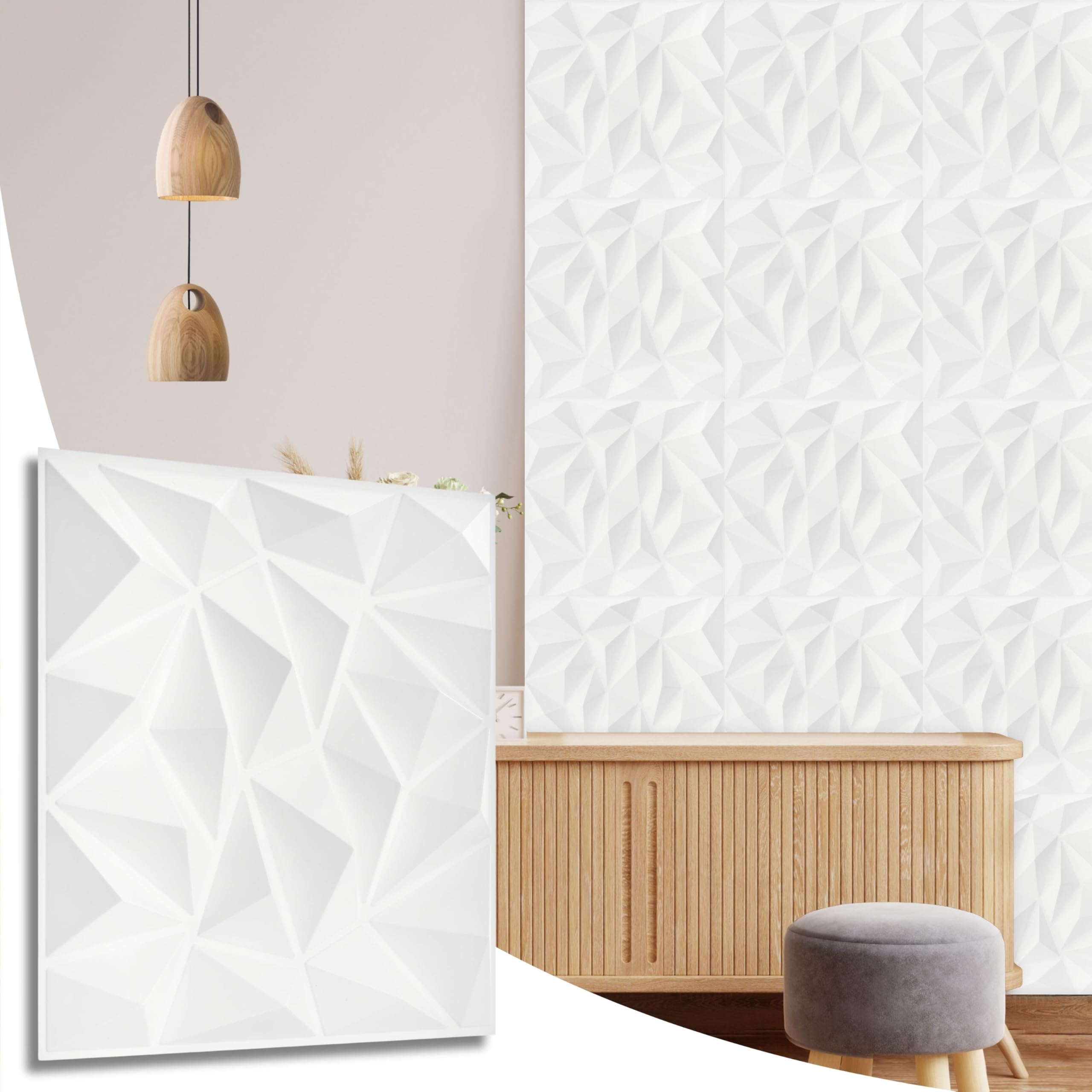 Novecrafto White Diamond Design 3D Wall Panels - 10 Sheets Covering 2.5 Sqm | 26.91 Sqf Interior Cladding Panels Set | 3D Wall Tiles Diamond Effect In Matte - Each Panel Size 19.6" X 19.6"