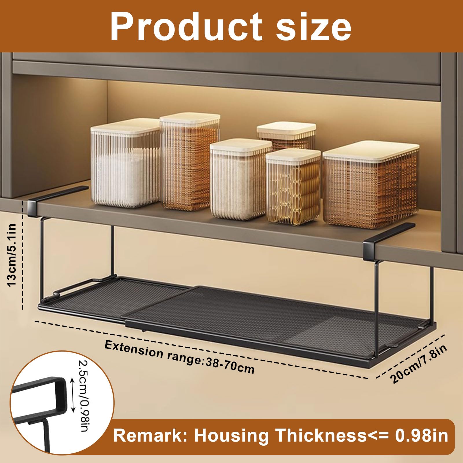 Cesta colgante de metal ajustable de 38 a 70 cm – Cesta extensible para estante inferior de cocina, organizador de estantería, cesta de almacenamiento de metal para cocina, armario, mesa