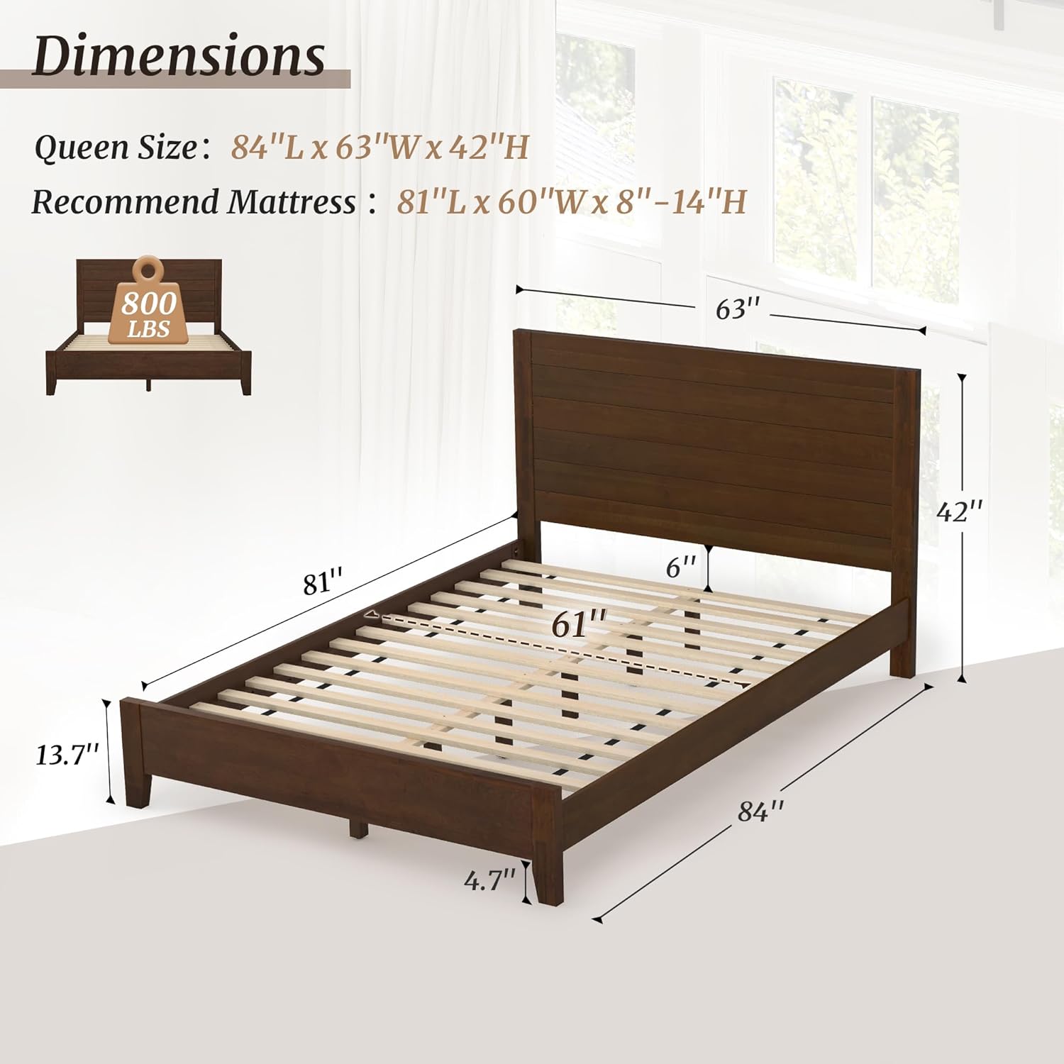Queen Bed Frame with Headboard, 100% Solid Acacia Wood Platform, 800lb Heavy Duty Support with 10 Reinforced Legs, Noise-Free No Box Spring Needed, Low-Profile Design, Walnut
