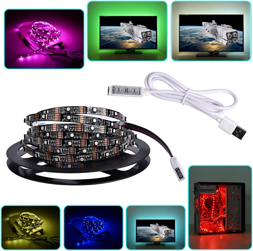 OGXLED LED TV Backlight Mood Lighting Kit 5V USB RGB Colour Changing 1m/3.3ft 48 LED Strip for Flat Screen Desktop PC HDTV Back Bias Lighting with Mini Remote