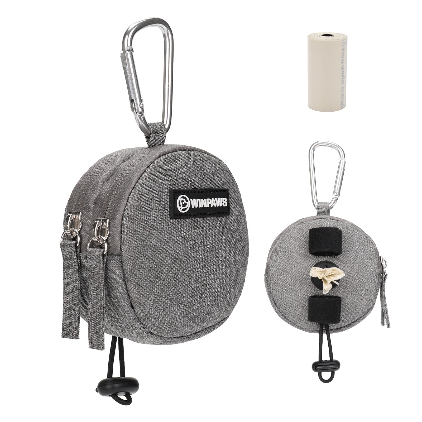 Dog Poop Bag Holder for Leashes- Dog Treat Pouch with Waterproof Zipper,Puppy Training Small Bag with Carabiner & Bungee Toggle,Two Pockets for Dry or Wet Treats-Pet Travel Walking Essentials (Grey) — image 1