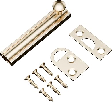 3 Inch Solid Brass Surface Bolt, Heavy Duty Concealed Slide Surface Door Bolt, Slide Bolt Latch French Door Lock with Screws for Windows Cabinet Wooden Fence Yard, Brushed Gold, 1 Pack