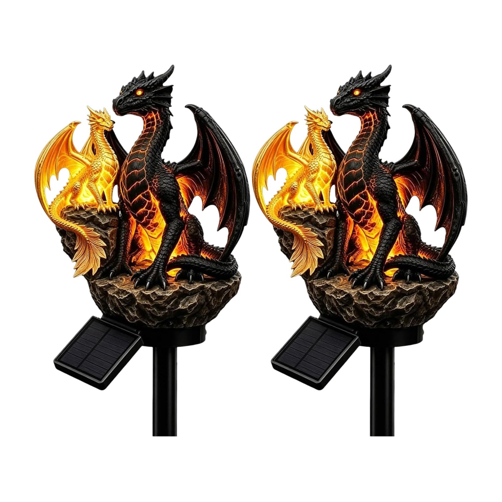 Solar Dragon Garden Ornaments, Double Dragon Legacy Golden Ember Edition Solar Garden Light, Gothic Medieval Fantasy Style Halloween Decoration, Unique Gift for Dragon Lovers and a Patio Ornament (2)