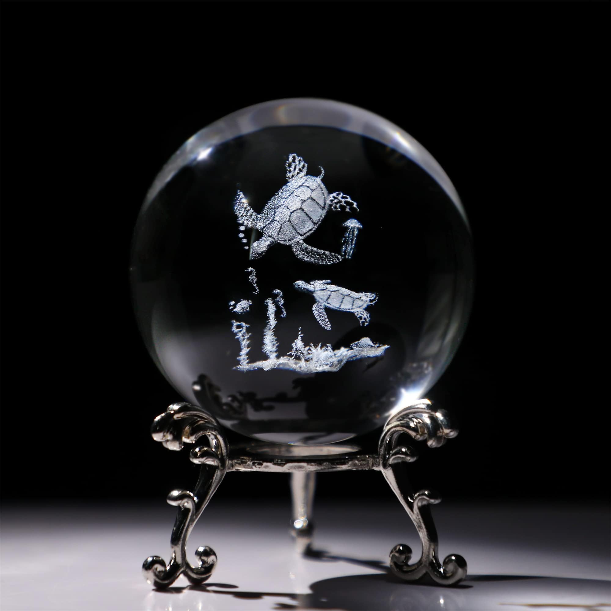 HDCRYSTALGIFTS Kryształowe szkło żółw morski figurka 60 mm (2,3 cala) 3D grawerowane laserowo kryształowe ozdoby zwierzęce sztuka, szklana kula ekspozycyjna rzeźba dekoracja domu prezent