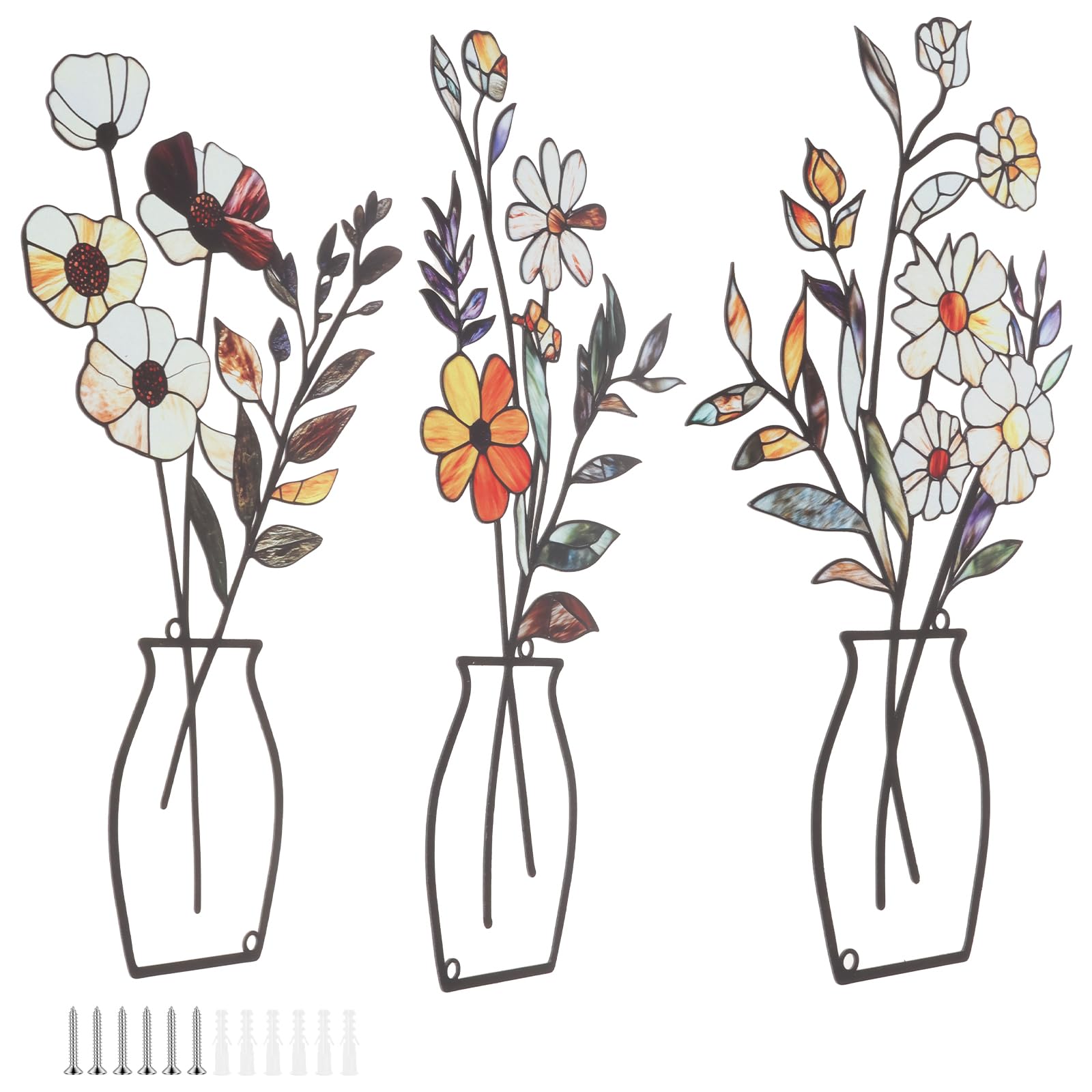NZWBSHSSP 3 Pieces Metal Flowers Wall Arts - Rustic Farmhouse Decor Minimalist Flower Wall Decors for Living room Bathroom Bedroom Dining Room-Housewarming Gifts