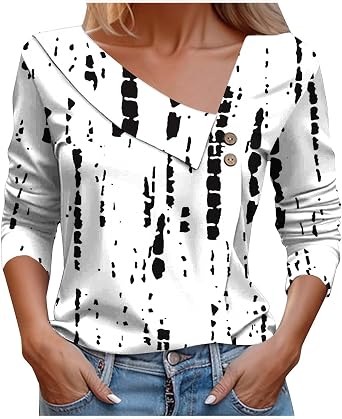 Womens Long Sleeve Shirts Business Casual Tops Loose Work Blouses V Neck Button Front Printed T-Shirts Tunic