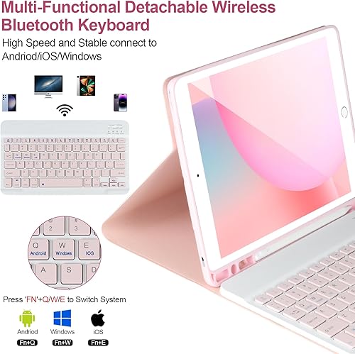Miniatura 3 de Funda de teclado para iPad 987 generación, 10,2 pulgadas, teclado Bluetooth desmontable, color rosa
