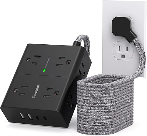 Miniatura 13 de Regleta de Protección contra Sobretensiones con Cable de 6 Pies, Cable de Extensión Plano con 8 Tomas 4 Puertos USB (2 USB C), 1080 J, Extensor de