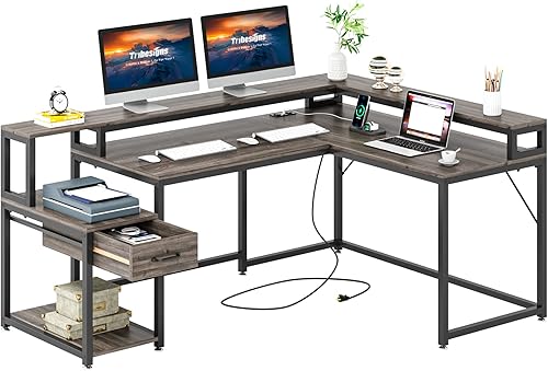Escritorio industrial en forma de L de 68 pulgadas con tomas de corriente, escritorio de esquina con cajón de almacenamiento y soporte para monitor,