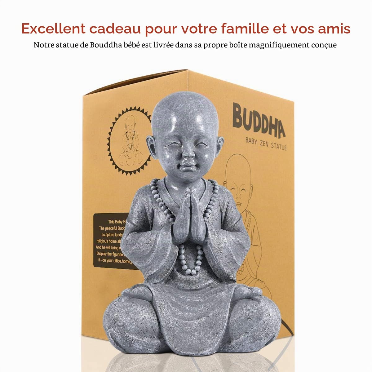 Goodeco Statue de jardin en méditation - Bouddha zen - Statue de moine - Pour intérieur et extérieur - Décoration pour maison, terrasse, véranda, cour - Polyrésine - 28,5 cm (gris pierre)