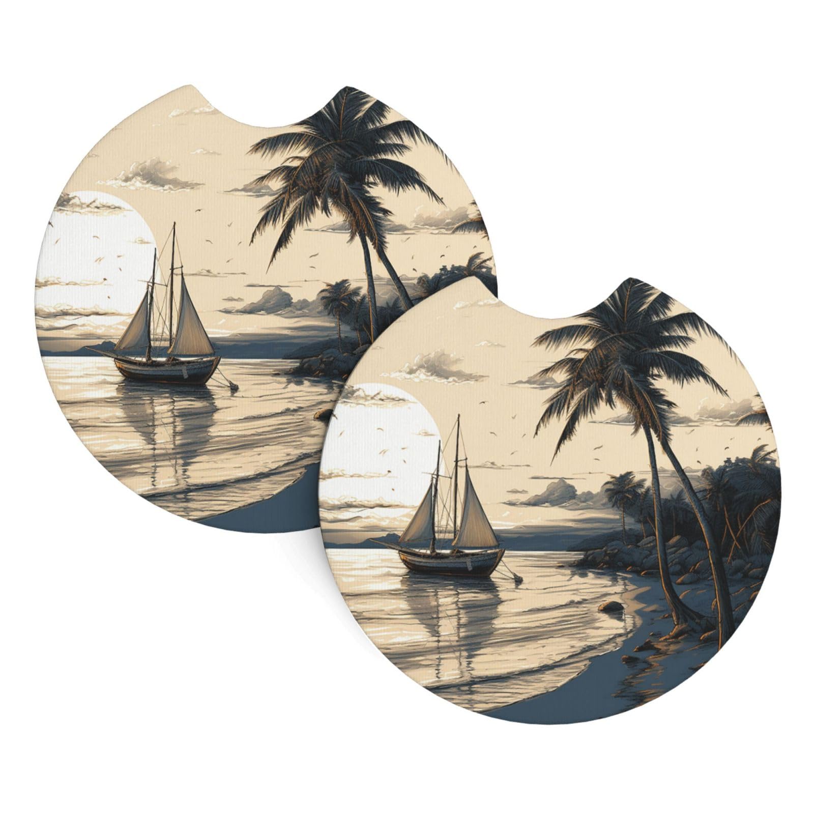 2PCS Car Coaster for Cup Holders Universal Auto Cup Mat Palm Trees Fishing Boat Cup Coaster Pad 2.7" Waterproof Neoprene Non-Slip Cup Holder Coasters Car Interior Accessories for Women Men