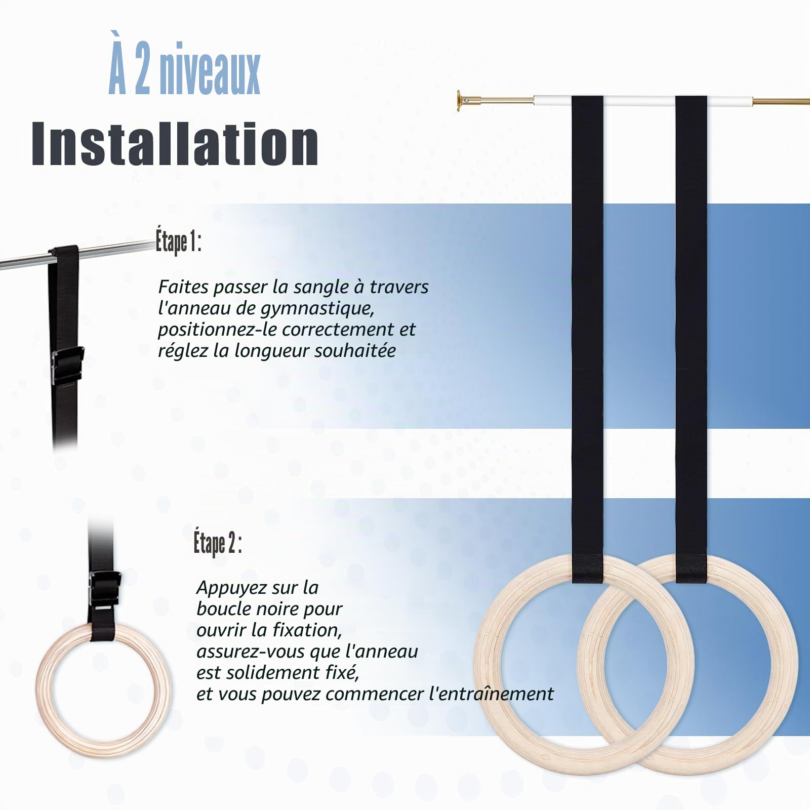 Anneaux de Sport et de Gymnastique pour entraînement, Anneaux de Gymnastique en Bois, Diamètre 28 mm, avec 2 Bandes en Nylon 5.1m Réglable Suspension Training Exercice Fitness pour Pull Up