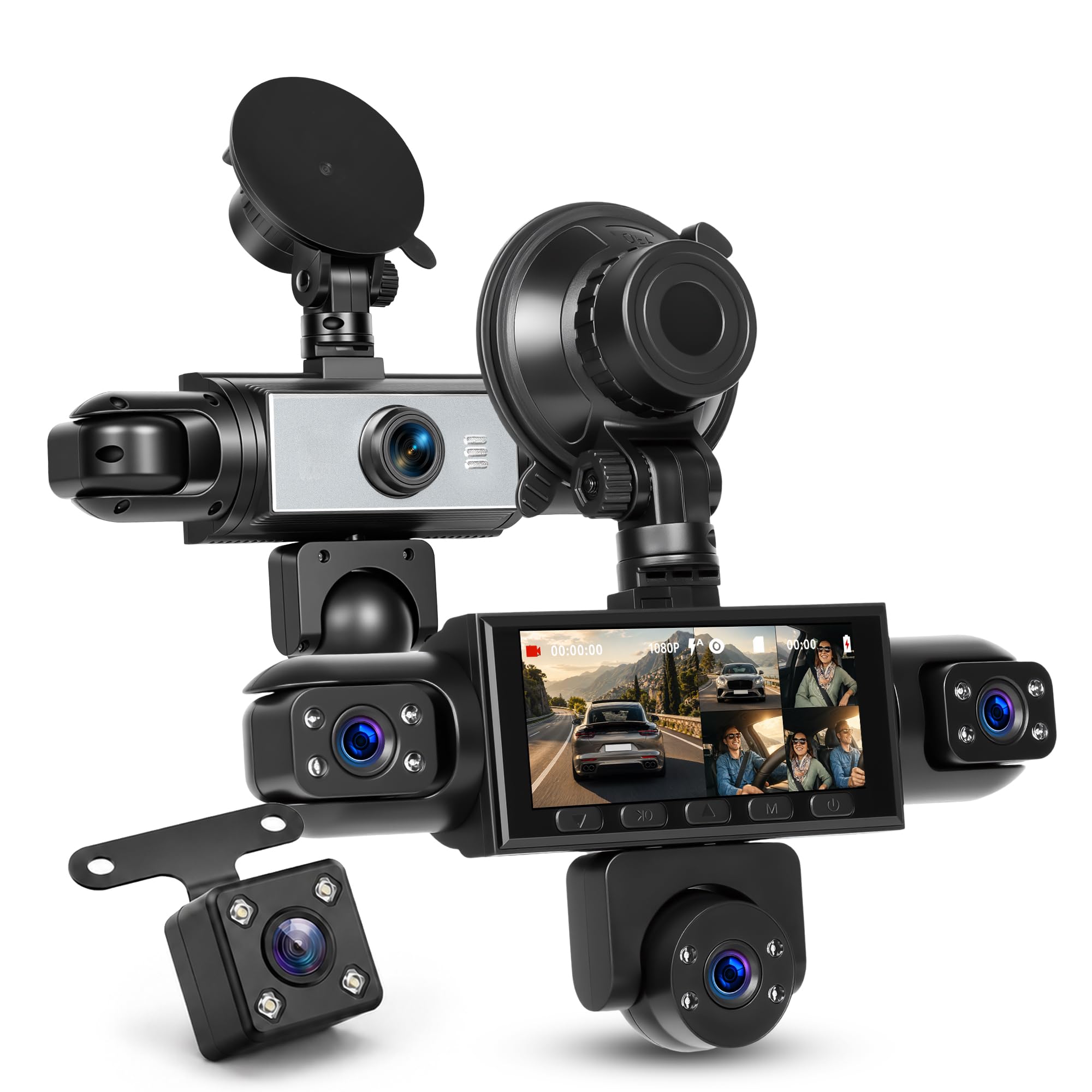 Rimoody 360° 5 Canales Dashcam para Coche, 1080P Delantera y Trasera Izquierda Derecha, 3.16 Pulgadas Dash CAM 1080P con Visión Nocturna IR/Vídeo en Bucle/24H Monitor/Asistencia de Estacionamiento