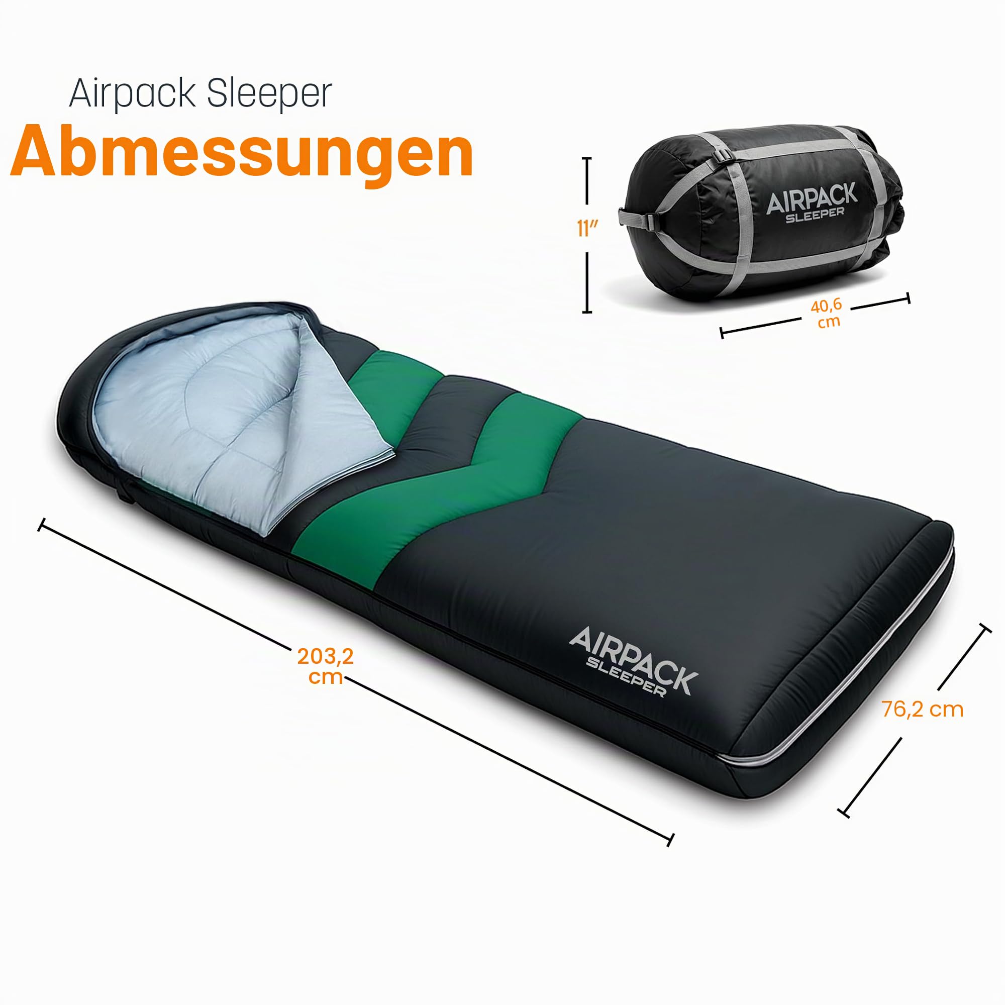 Schlafsack mit integriertem Pad (AirPack Sleeper) – All-in-One aufblasbare Isomatte und Reißverschlussdecke für Camping mit integrierter Fußpumpe