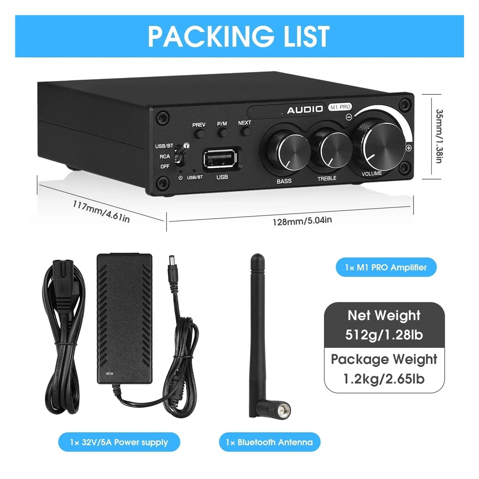 NGDOLAOV 5.0 Power Amplifier 320W Stereo 2.0 Channel Subwoofer Amplifier Treble Bass Adjustment USB Lossless Music Player