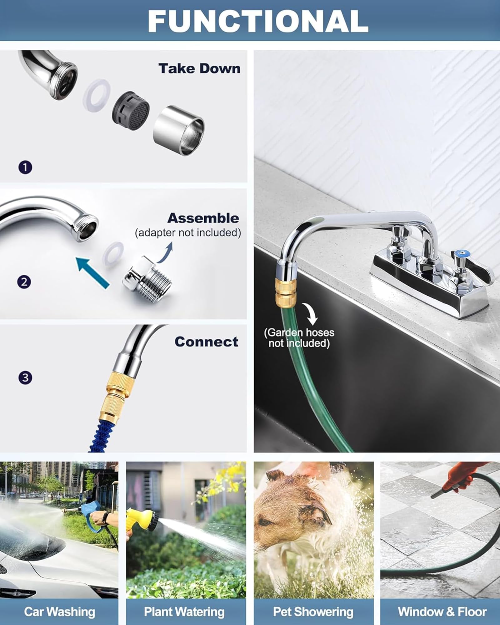 Robinet d'évier utilitaire de 25,4 cm avec bec pivotant : IVIGA Robinet d'évier commercial de 10,2 cm au centre, robinet de cuisine à montage sur le pont, construction en laiton chromé poli, pour