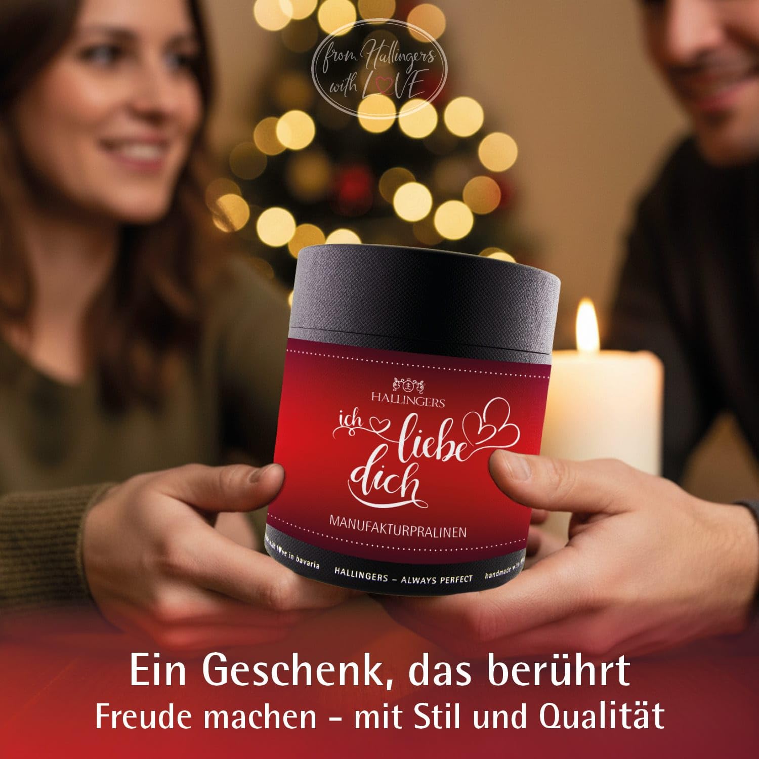 Hallingers Genuss Manufaktur Pralinen Valentinstagsgeschenk - ohne Alkohol, handmade aus Confiserie-Edelkakao in wertiger XXL-Geschenkdose "Ich liebe Dich", Valentintstag für Frauen Männer