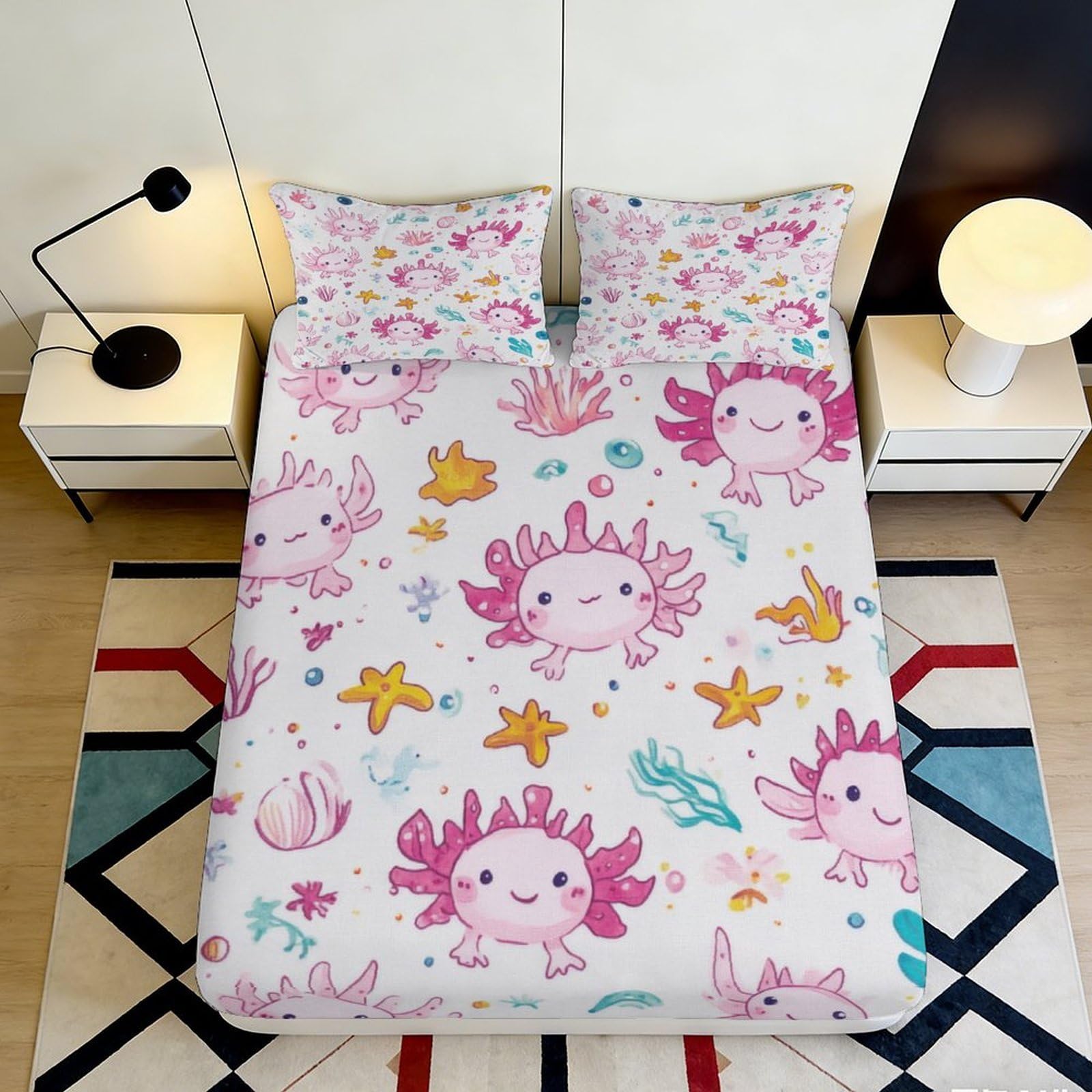 Jqzkxnhpbr Style-1 3D Printed Pink Axolotl Fitted Sheet Microfiber Soft Sea Life Bed Cover For Bedroom Guestroom Decor Easy Care 90X200x25cm