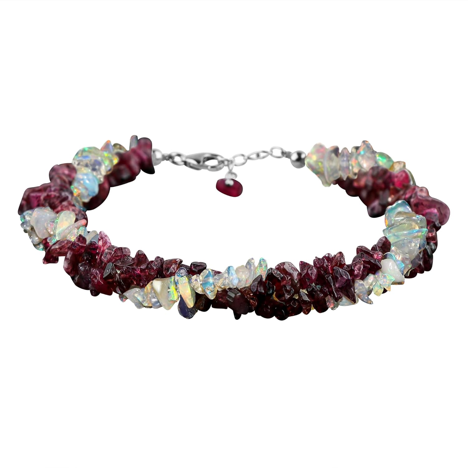 CRYSTALIS Natural Ethiopian Opal & Pink Tourmaline Beads Braided Rope Crystals Bracelet, Chips Nuggets Beaded Gemstones, Chakra Healing Stones, Gift Womens Jewelry, Silver Bracelet 8 inch