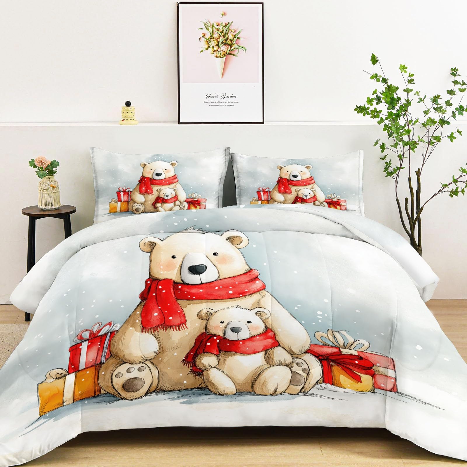 Kremowa kołdra bez poszewki, 220 x 240 cm, kołdra 220 x 240 cm z poszewką na poduszkę 80 x 80 – 2-częściowy zestaw pościeli dla alergików, nadaje się do prania, akwarela, płatki śniegu, misie