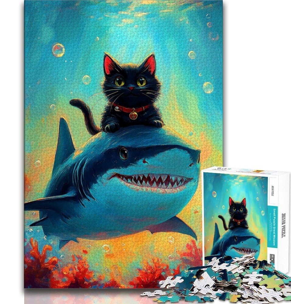 Adult Jigsaws 1000 Pieces Difficult Shark And Black Cat,Challenging Game And Family Play with Matching Poster And Trivia Sheet 38x26cm