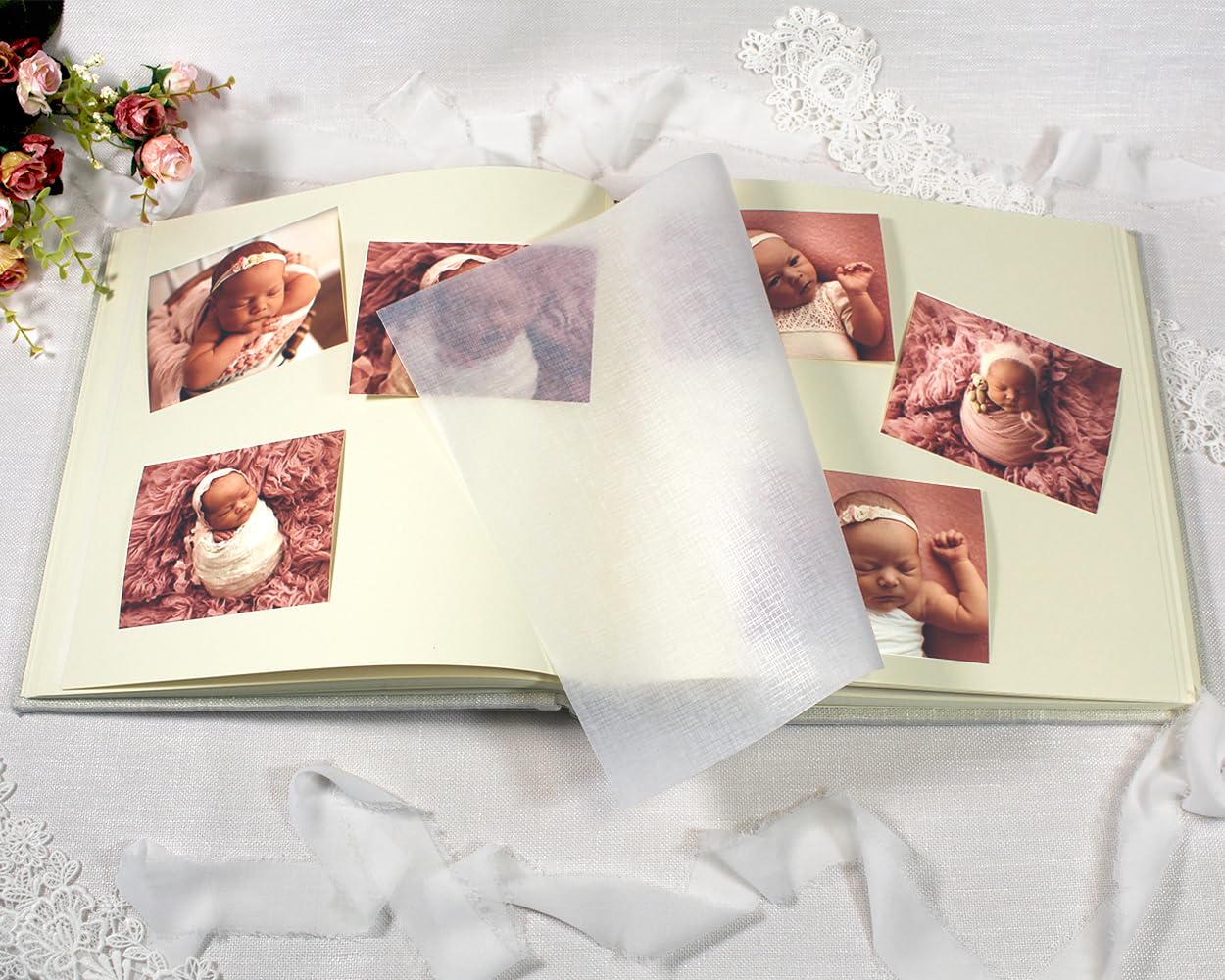 Álbum de fotos bordado, Álbum personalizable - para fotos para pegar - fotos polaroid - Tapa de lino - 60 páginas marfil con papel de seda (Lino, 30x30 60 pagine)