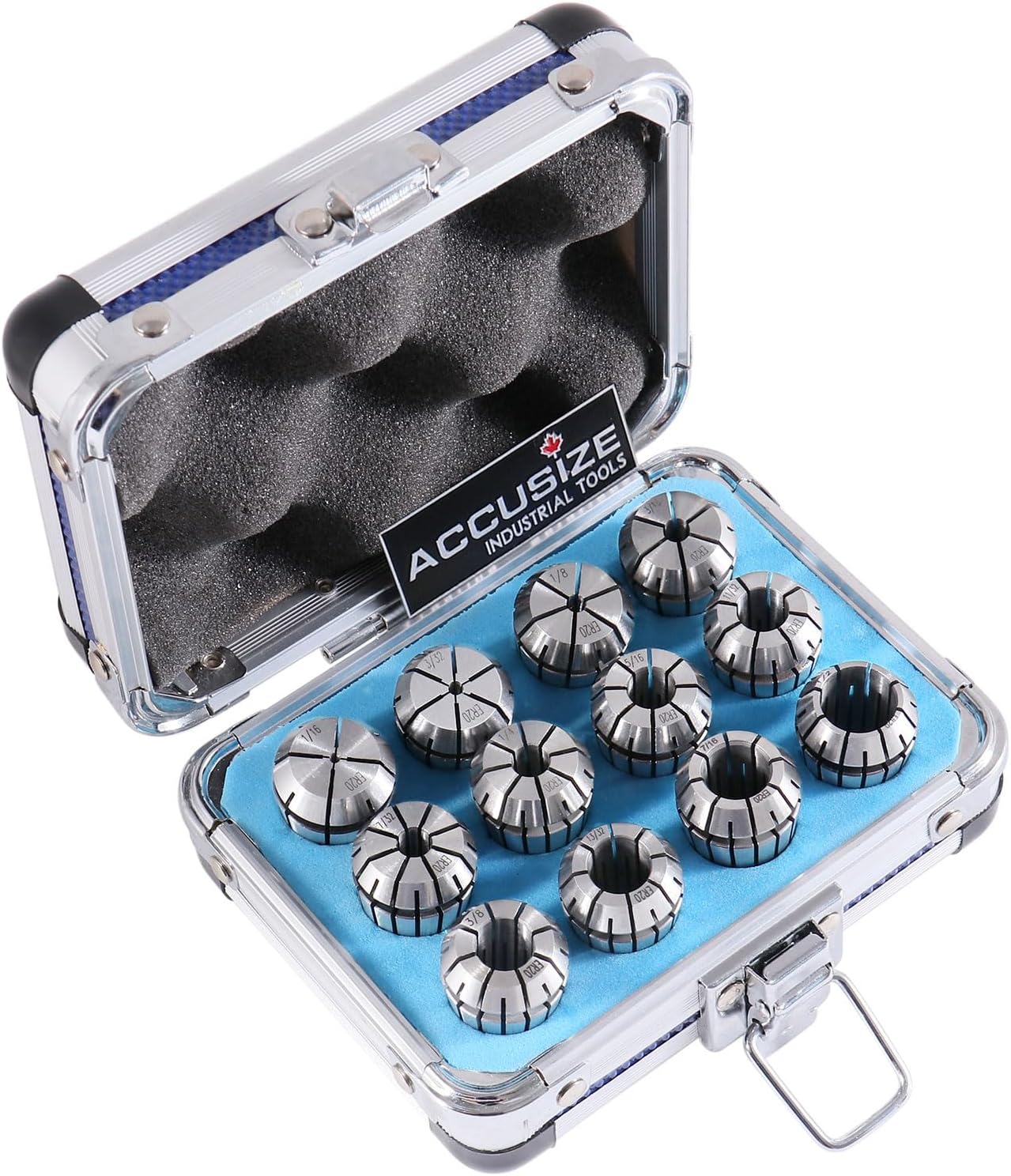 Accusize Industrial Tools 12 Pc Er-20 Collet Set, Size from 1/16'' up to 1/2'' in Fitted Strong Alunimum Box, 0223-0799