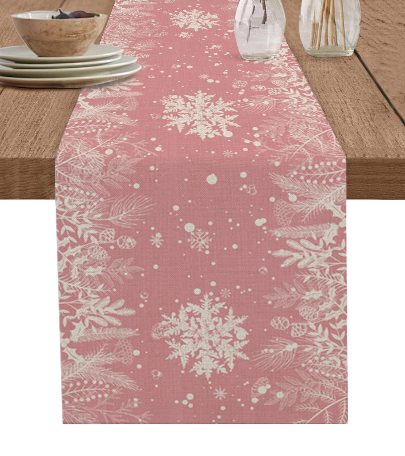 OnekaccuPink Christmas Table Runner 90 Inches Long for Dining Table Decor, Cotton Linen Winter Snowflake Table Runner Washable Dresser Scarf for Kitchen Christmas Holiday Seasonal Leaves Pine Cones