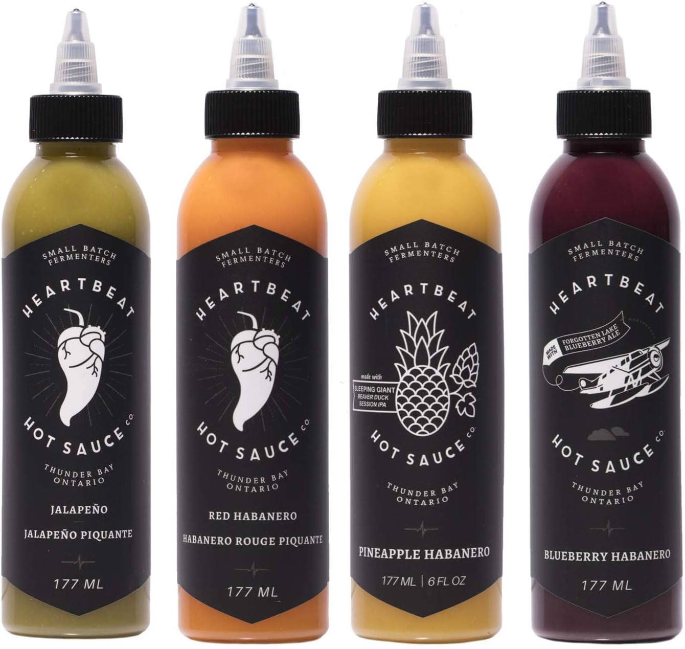 Heartbeat Hot Sauce 4 Pack- 4 Bottles of 6 oz- Small Batch & Handmade, Vegan, Preservative Free- Pineapple Habanero, Red Habanero, Blueberry Habanero, Jalapeño