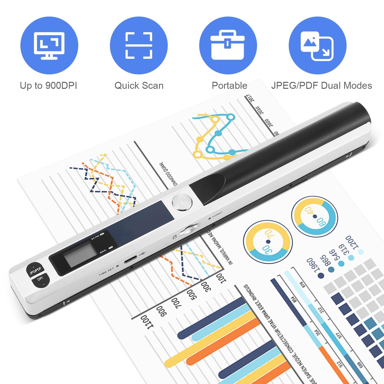 Scanner de Documents Portable, Mini Scanner de Photos Portable 900 DPI, Baguette de numérisation Couleur A4 Haute Vitesse, Scanner Portable Rechargeable par USB, Comprend Une Carte SD 16 Go (Argent)