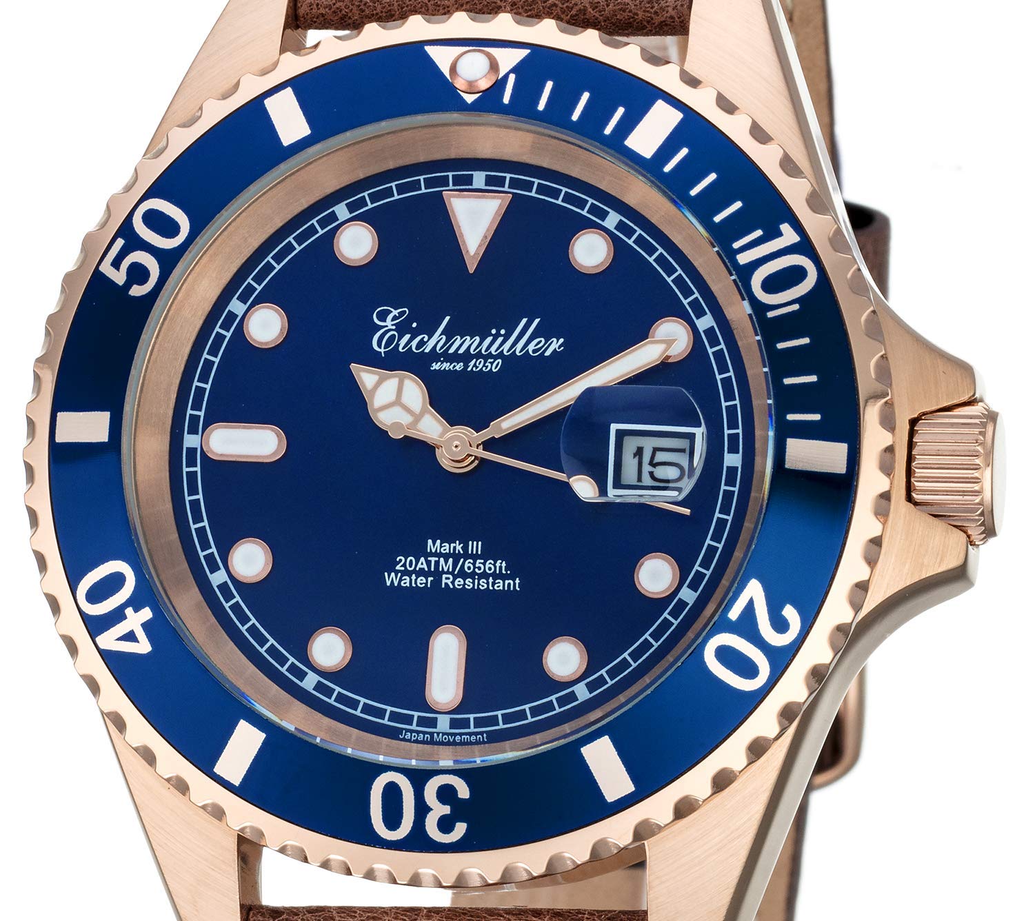 Eichmüller Reloj de hombre de Buzo marrón con lupa, indicador de fecha y bisel giratorio 20 ATM, Correa