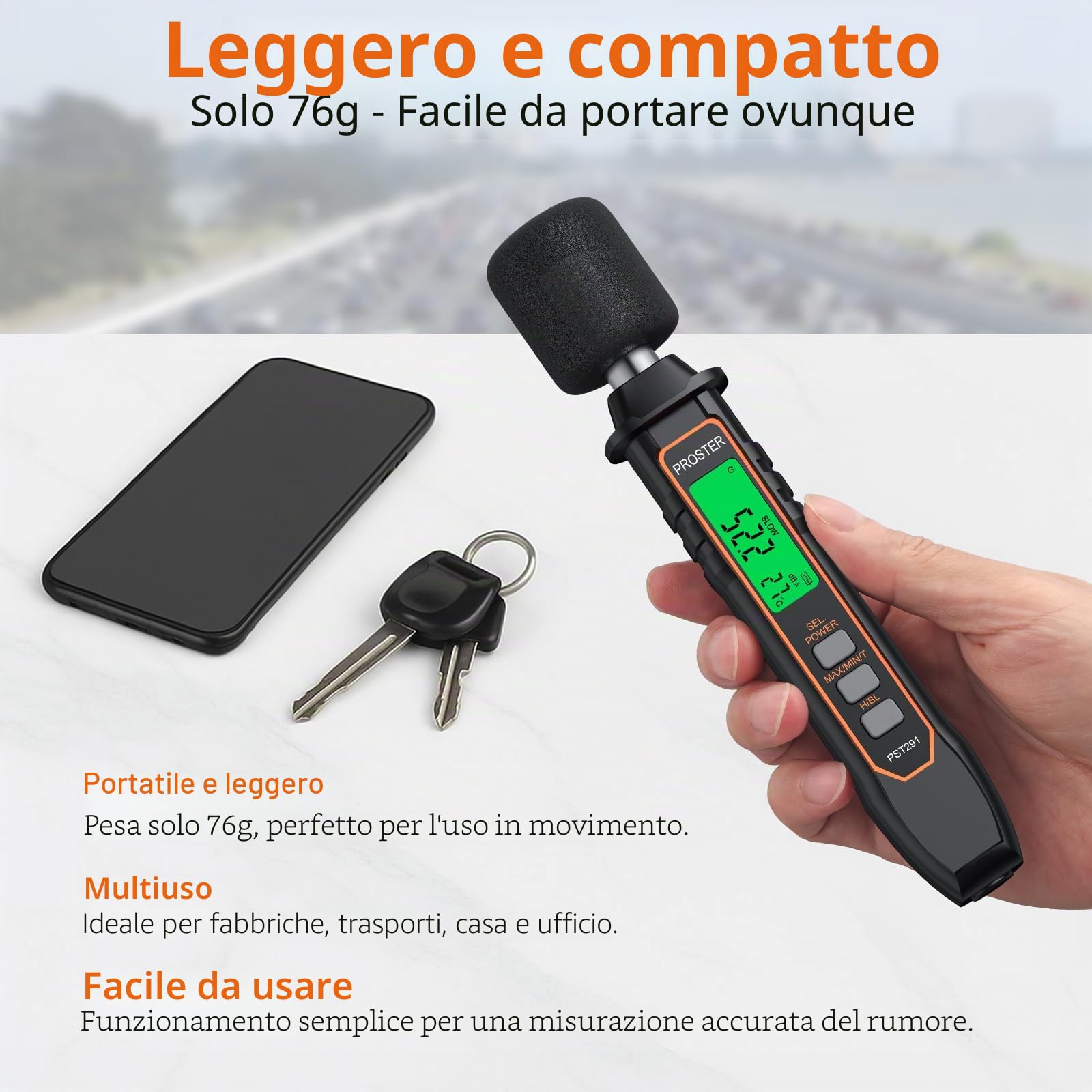 Proster Misuratore di Decibel Digitale 30dB a 130dB Portatile con Funzione di Temperatura A-Pesato Max/Min Risposta Veloce/Lenta LCD Retroilluminato Ideale per Ambienti di Lavoro Uffici e Fabbriche