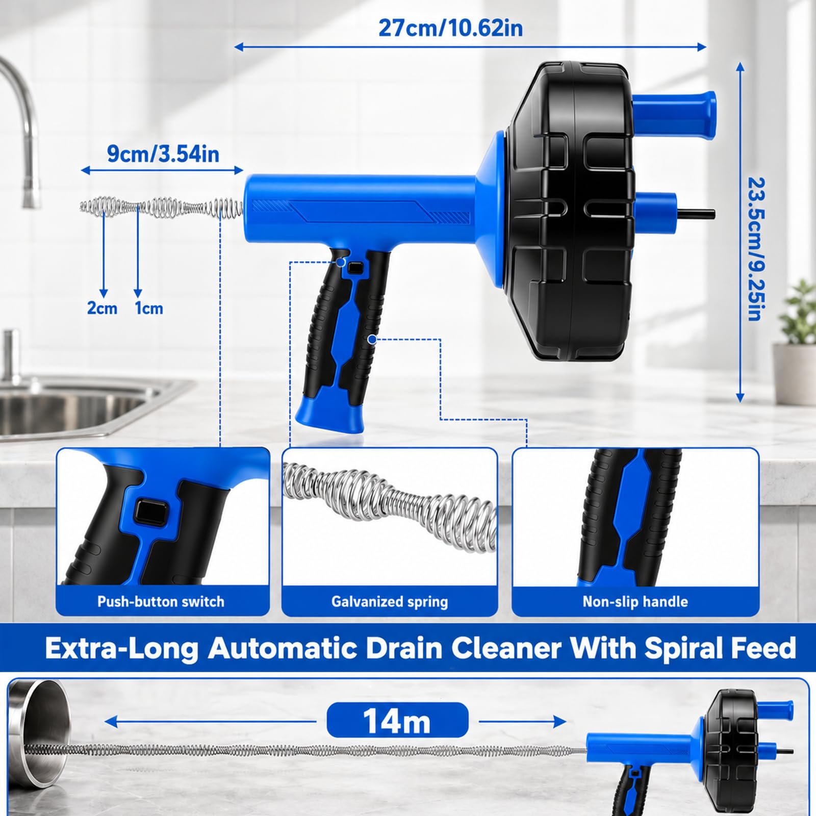 Espiral de limpieza de tuberías de 14 m con accesorio de perforación, espiral de desagüe, limpiador de tuberías para cocina y baño, muelle electrochapado resistente, limpiador de desagües