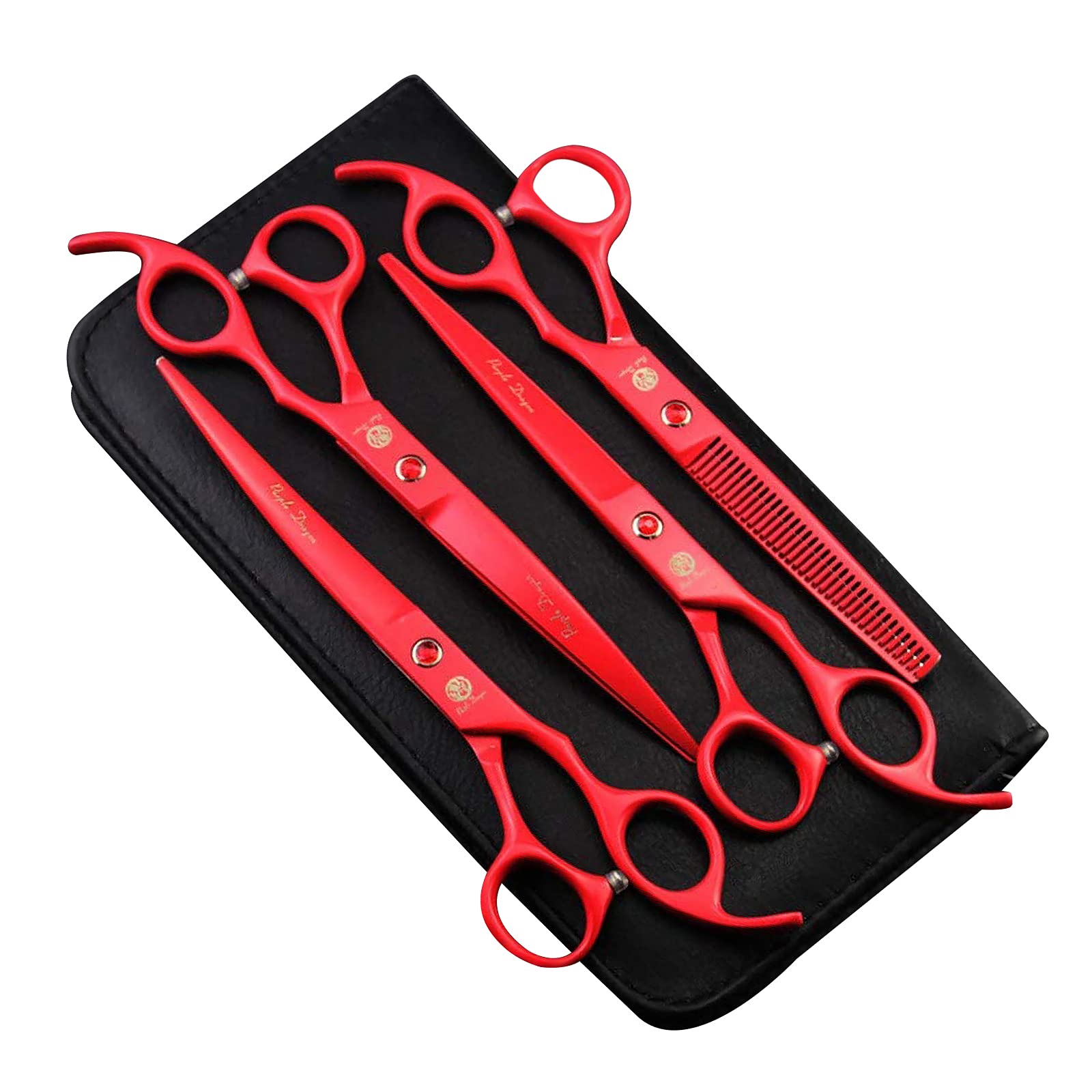 Purple Dragon (Red) - Professional 18cm 4PCS Pet Grooming Scissors Kit Japan Premium Steel Straight & Curved & Thinning Blade Dog Hair Cutting Shears Set with Case