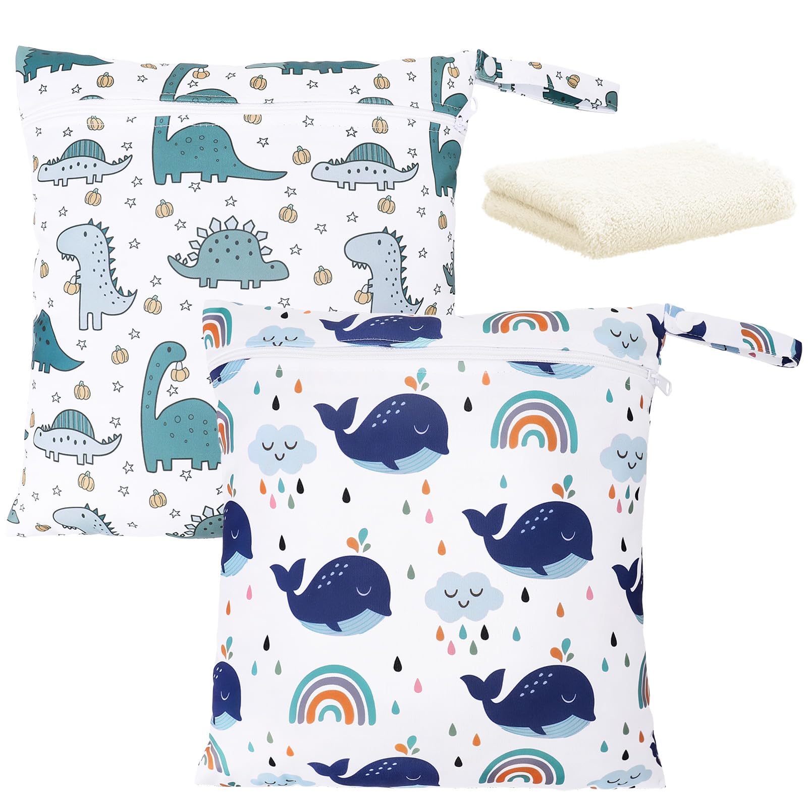 Kaisibum 2 Stück Wetbag Kindergarten,wasserdichte Nasstasche Baby mit 1 Waschlappen, Windeltasche für Unterwegs, Wiederverwendbare Wet Bag mit Reißverschluss, Whales, Dinosaurs Pattern