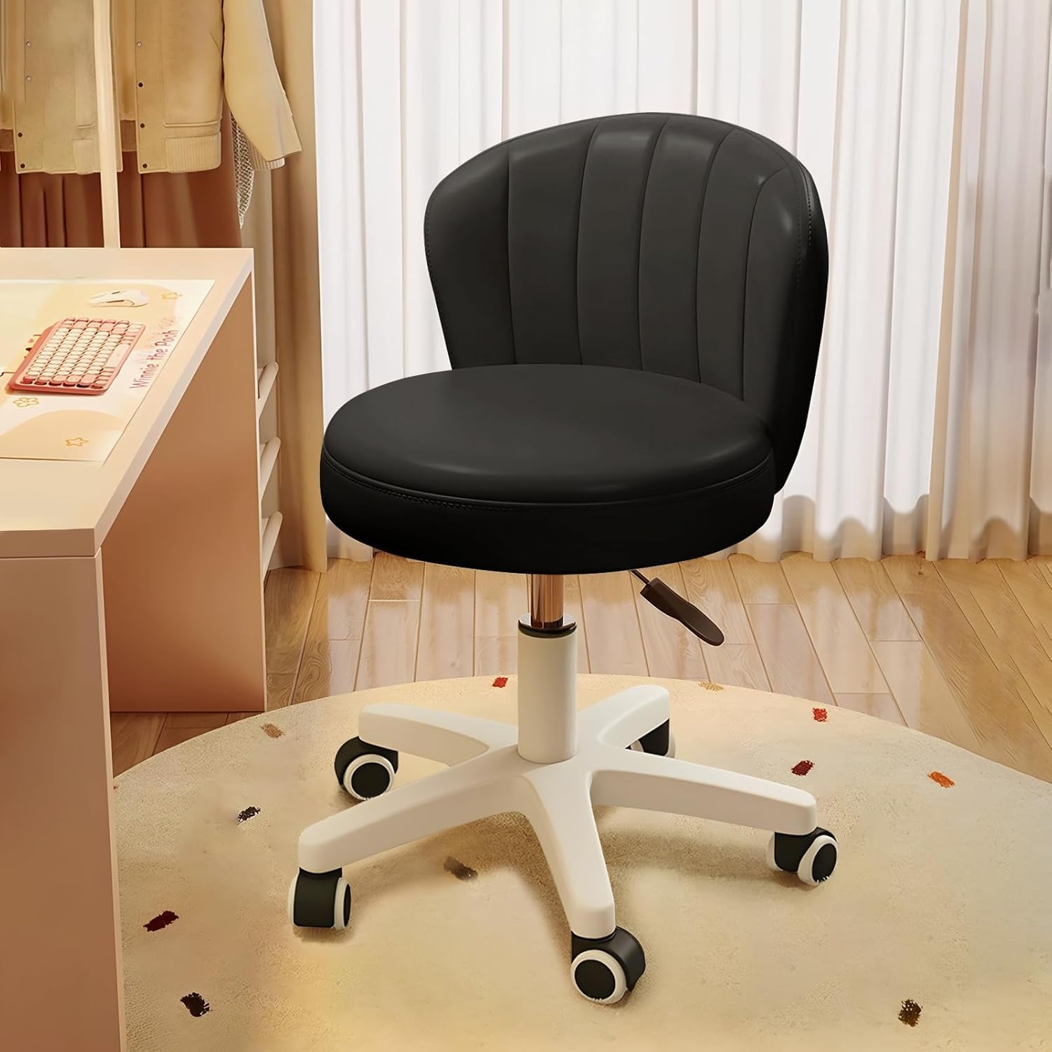 Silla de escritorio, bonita silla de tocador giratoria sin brazos de cuero PU, cómodas sillas de oficina para computadora con altura ajustable para el dormitorio (confezione da 1, nero)