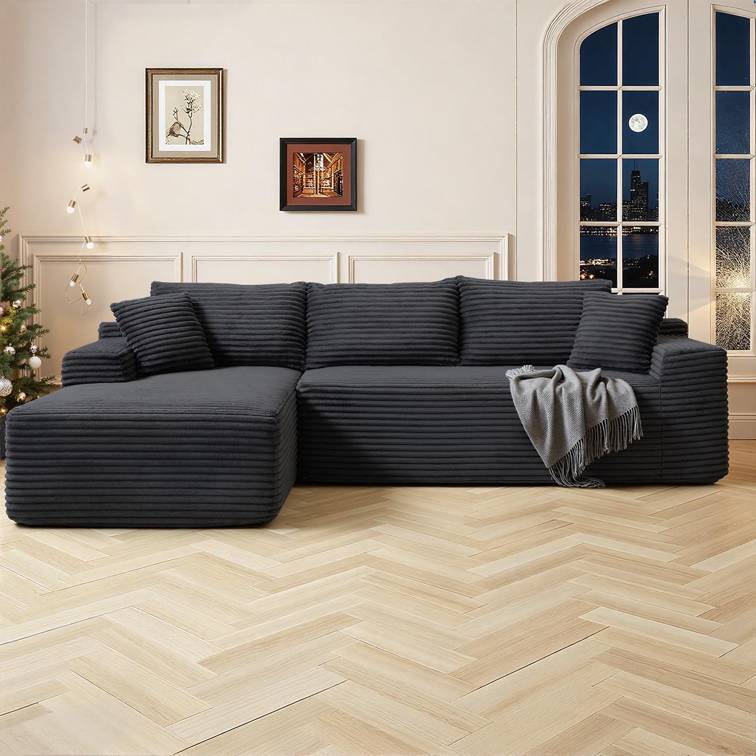 108 Inch Cloud Sectional Couch,Modern Modular Sectional Sofa with Deep Seat,Corduroy Boneless Couches with L-Shape Chaise for Living Room,No Assembly Required (Missing chaise) 