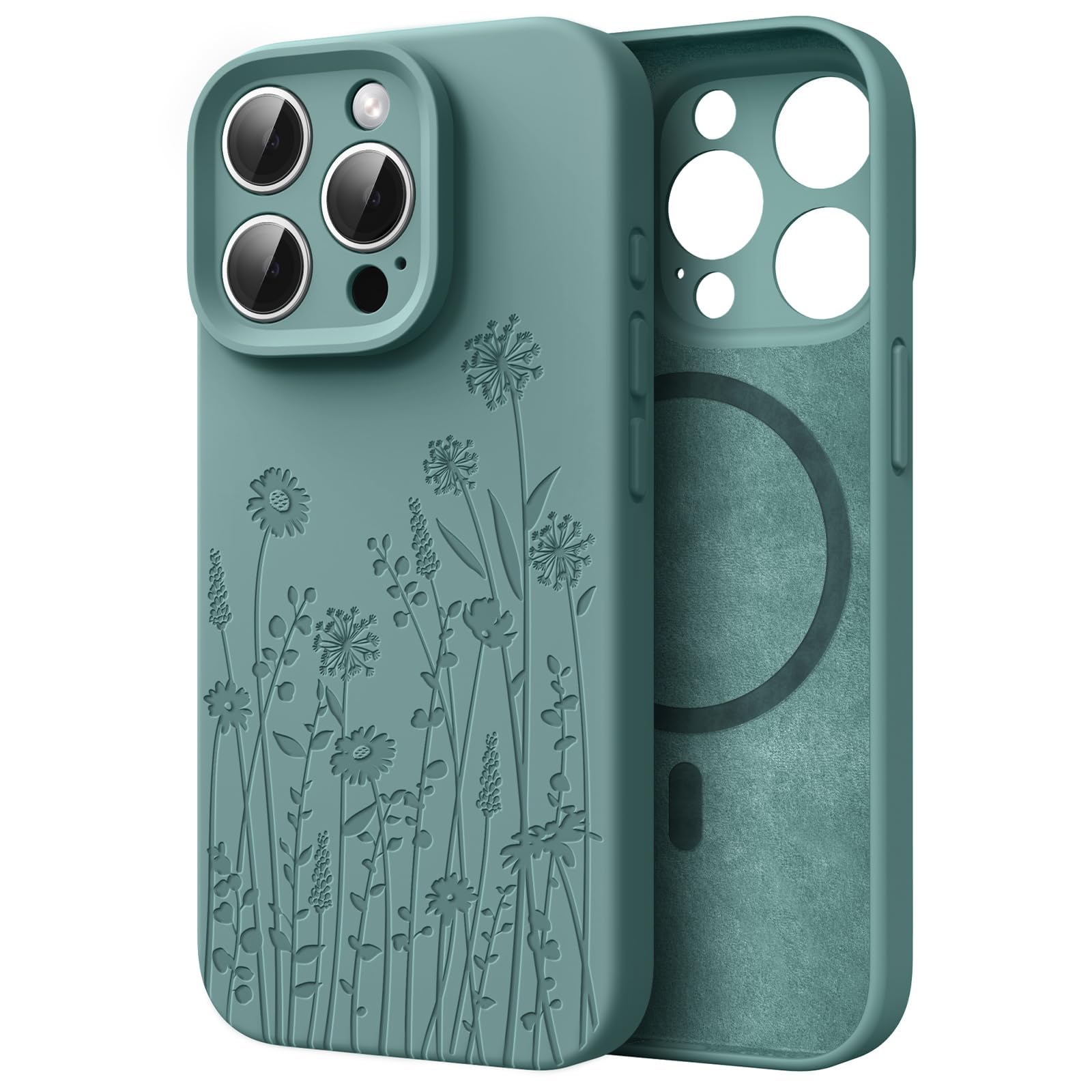 for iPhone 15 Pro Phone Case for Women Compatible with Magsafe, Hard Liquid Silicone Cute Mint Green Spring Floral Design Shock Proof Heavy-Duty