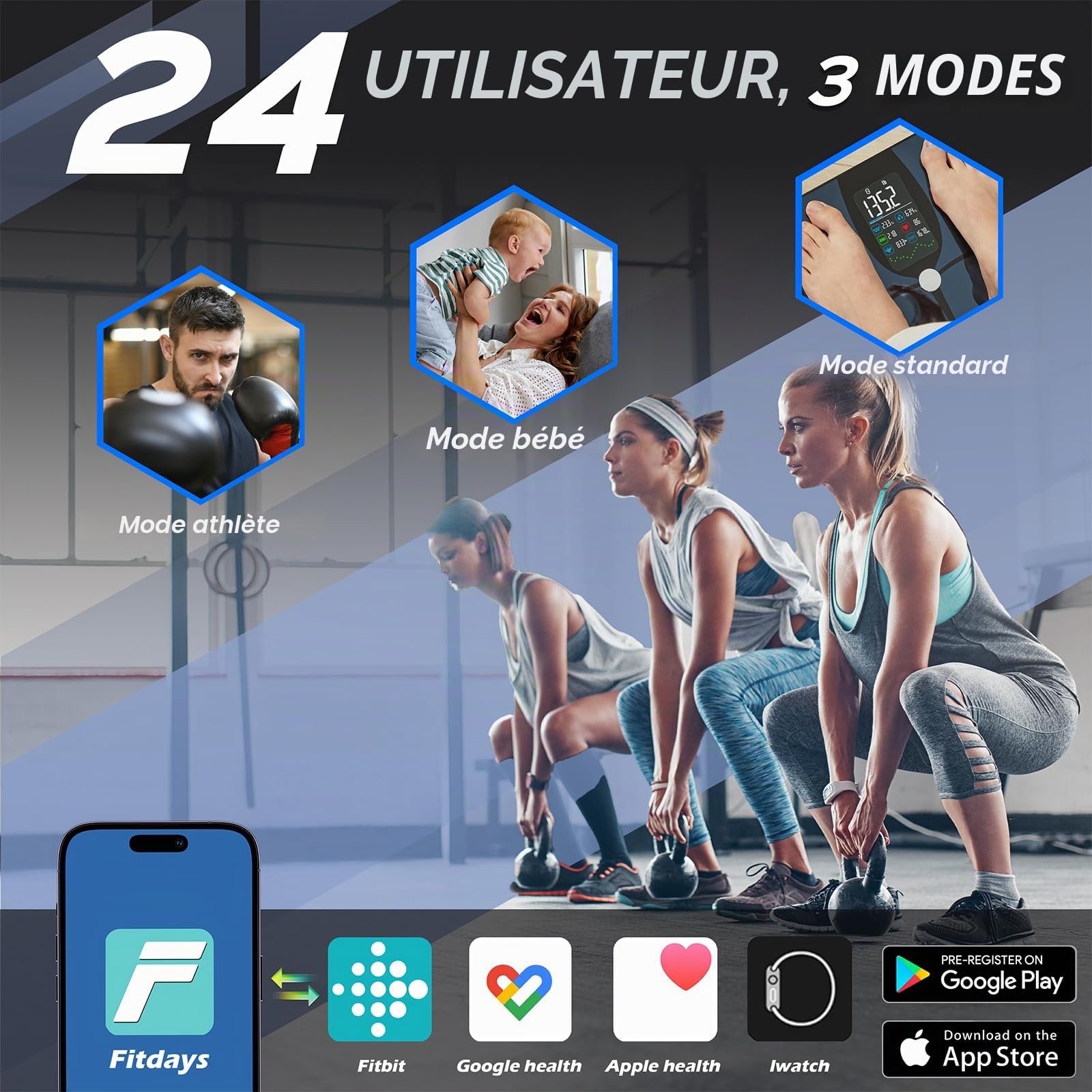 Balance Pese Personne Connectée Impédancemètre, 4,68" Grand écran VA, 22 Métriques, Fréquence Cardiaque, Balance Masse Graisseuse et Musculaire, Port Type-C, App Android/iOS, 180kg/400lb