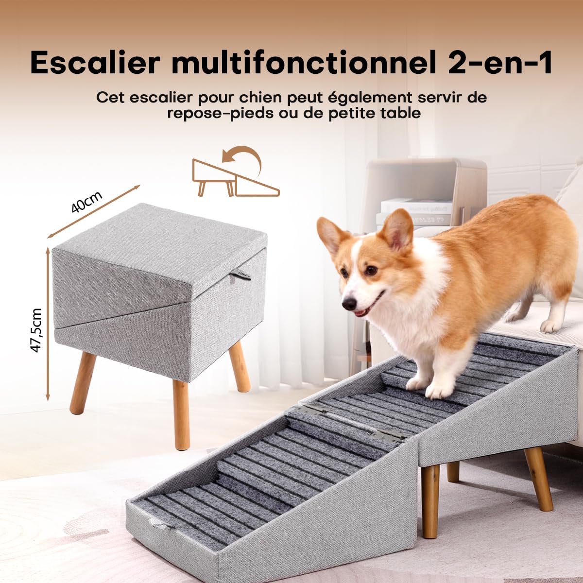 Escalier pour Chiens et Chats 2 en 1, 4 Marches Rampe et Marches pour Canapé Lit, Pente Douce Protège Articulations, Antidérapant(Gris Clair - 43,5 cm Haut)
