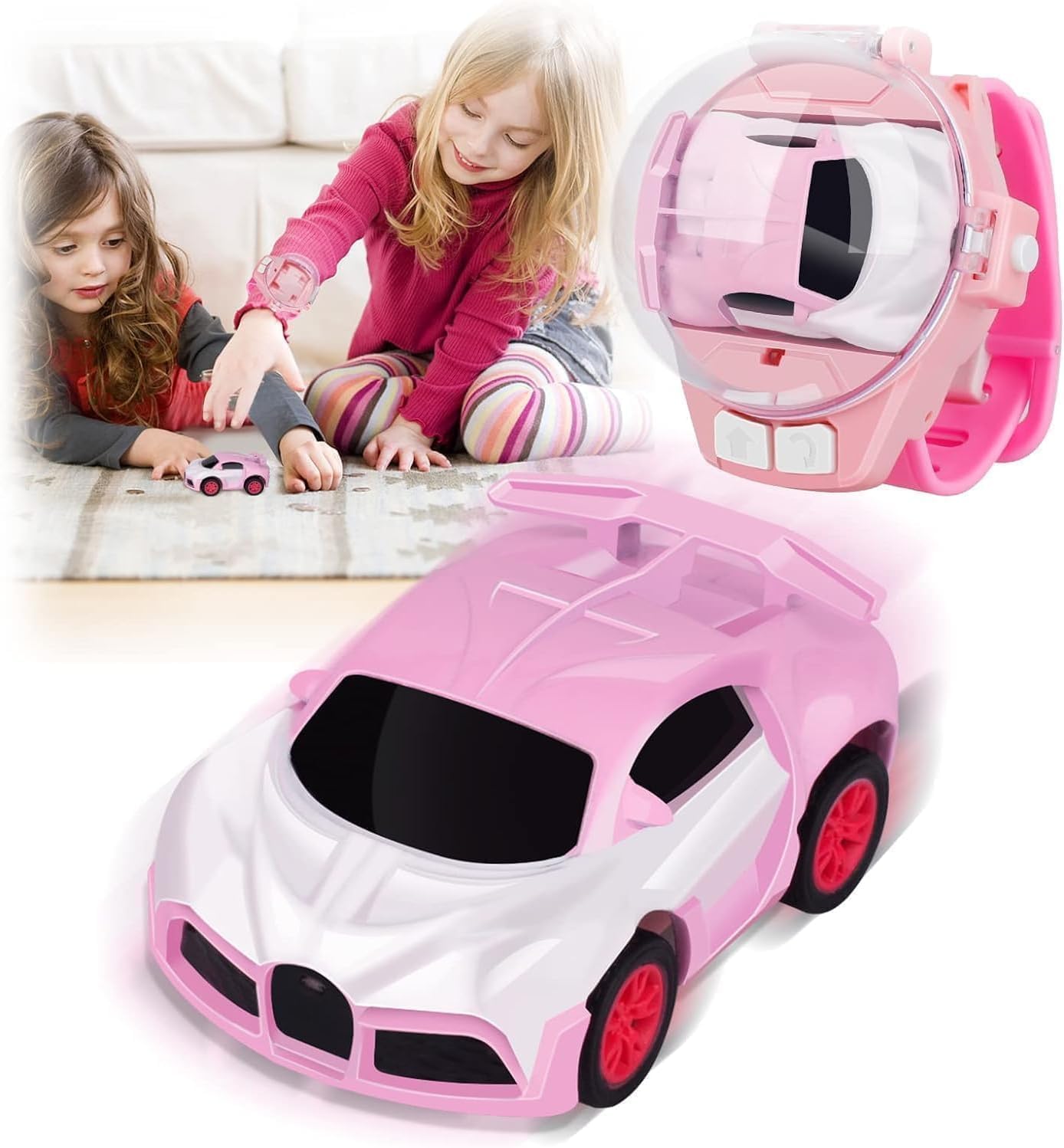 Cable World Mini Remote Control Car Watch Toys, Easy Control Safe 98.4ft Remote Control Distance Cute Wrist Racing Car Watch Silicone Strap with Dust Cover for Outdoor (Buggati Divo Pink)